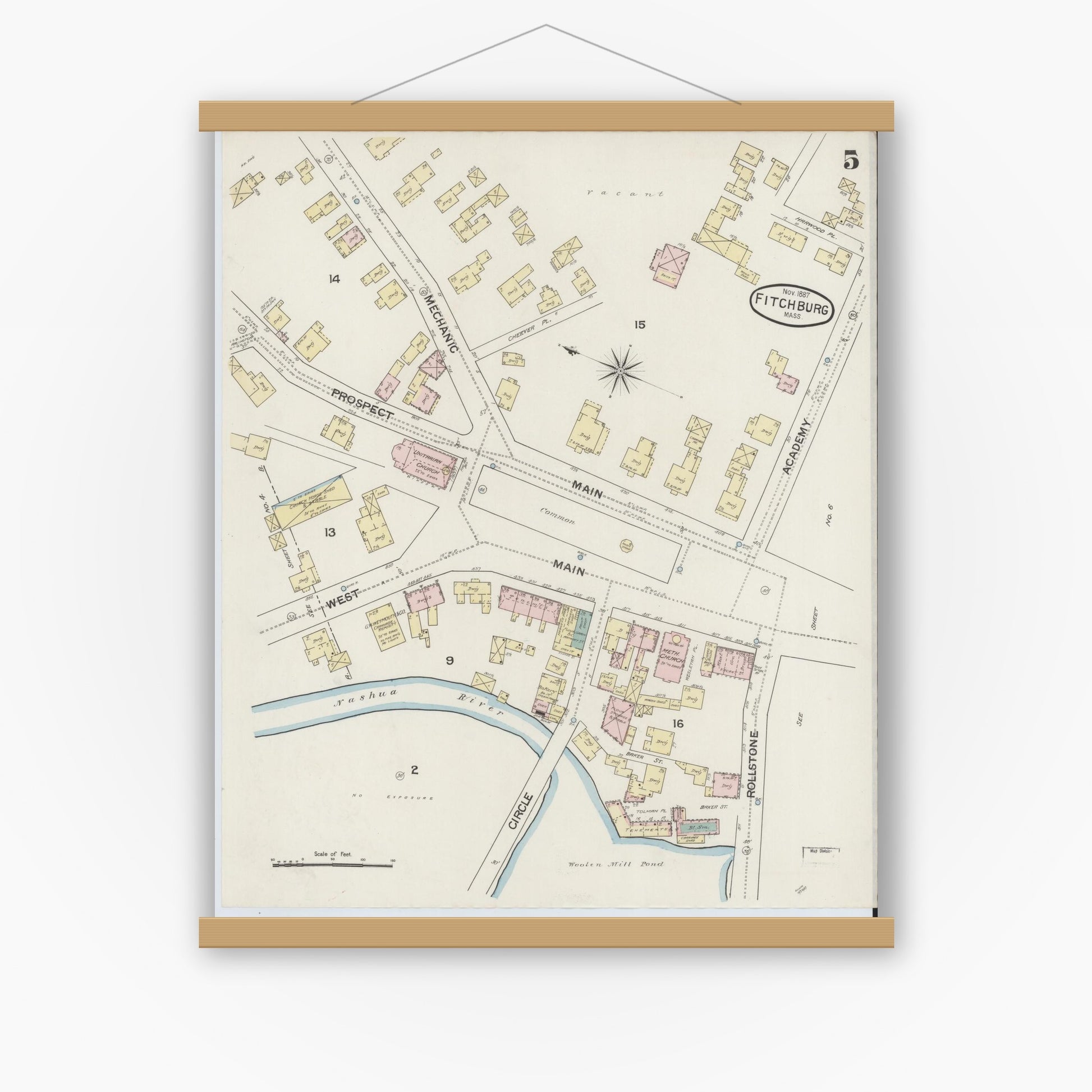 Old map wall art mockup — magnetic wood frame on white wall — Sanborn Fire Insurance Map from Fitchburg, Worcester County, Massachusetts (1887), Sheet #0005