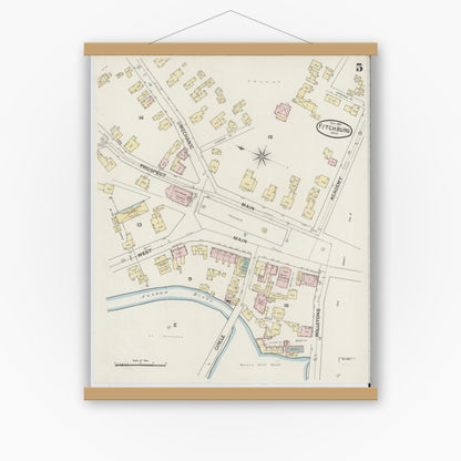 Old map wall art mockup — magnetic wood frame on white wall — Sanborn Fire Insurance Map from Fitchburg, Worcester County, Massachusetts (1887), Sheet #0005