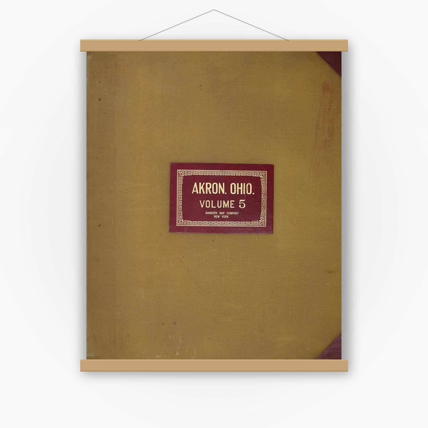Old map wall art mockup — magnetic wood frame on white wall — Sanborn Fire Insurance Map from Akron, Summit County, Ohio (1951), Sheet #0001