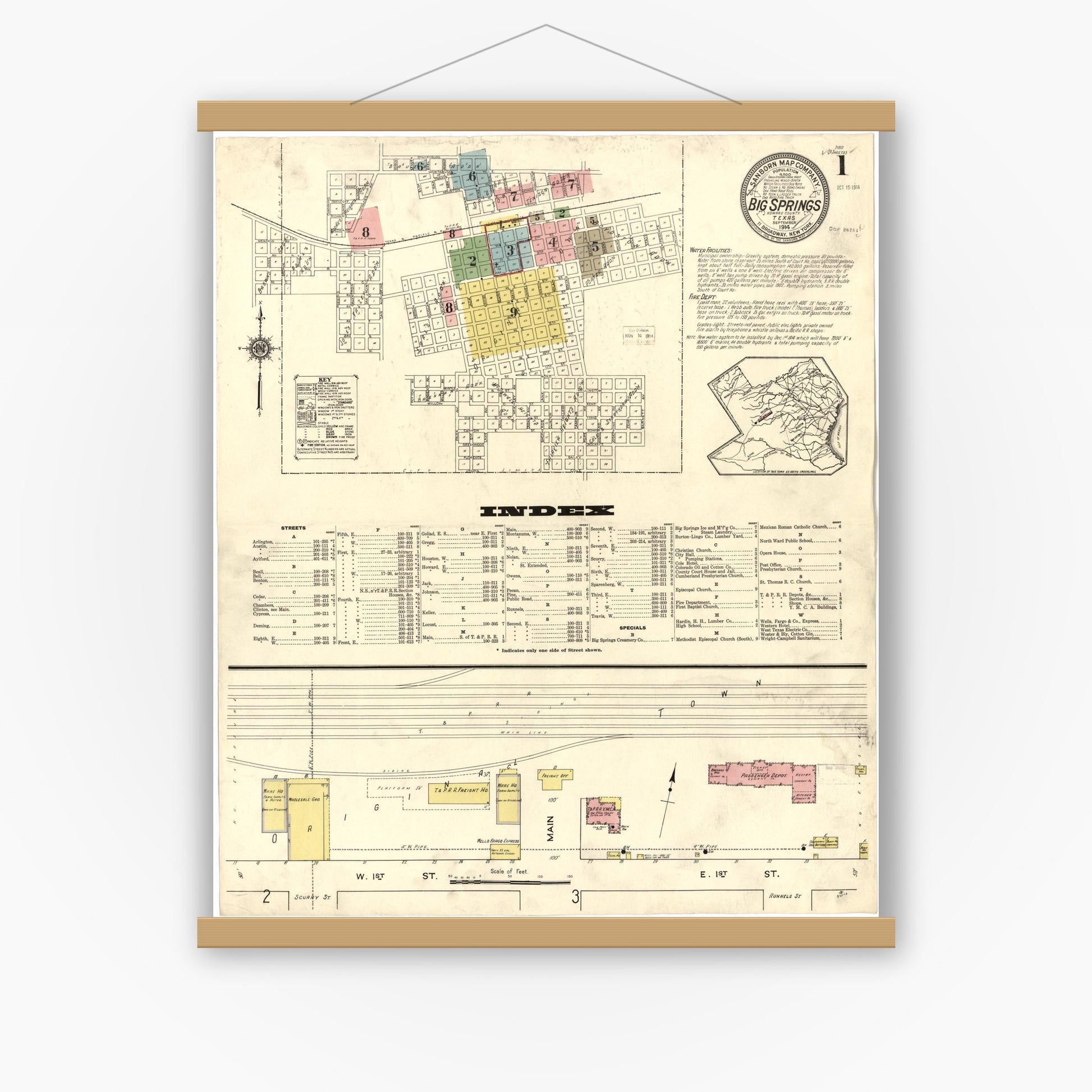 Old map wall art mockup — magnetic wood frame on white wall — Sanborn Fire Insurance Map from Big Spring, Howard County, Texas (1914), Sheet #0001