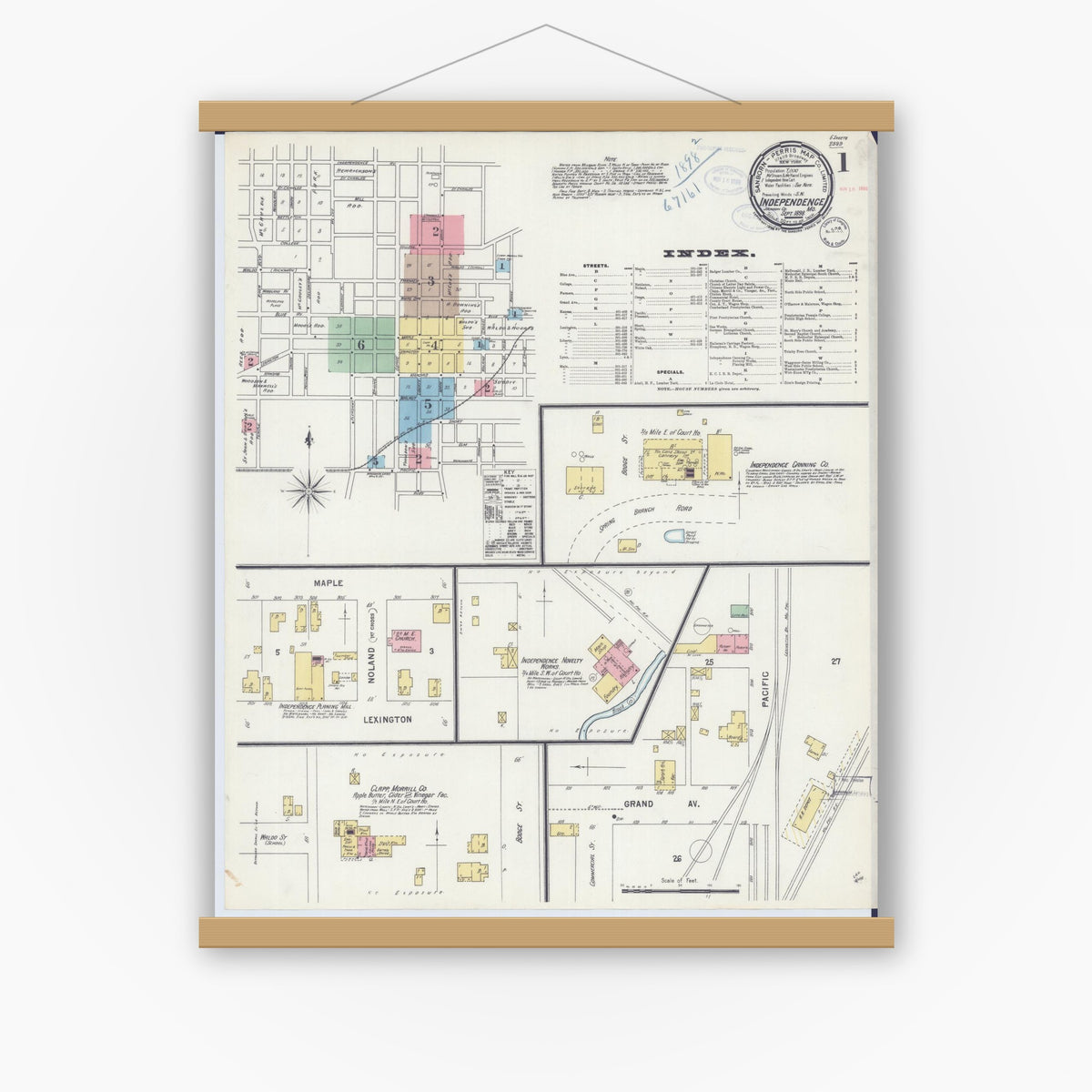 Old map wall art mockup — magnetic wood frame on white wall — Sanborn Fire Insurance Map from Independence, Jackson County, Missouri (1898), Sheet #0001