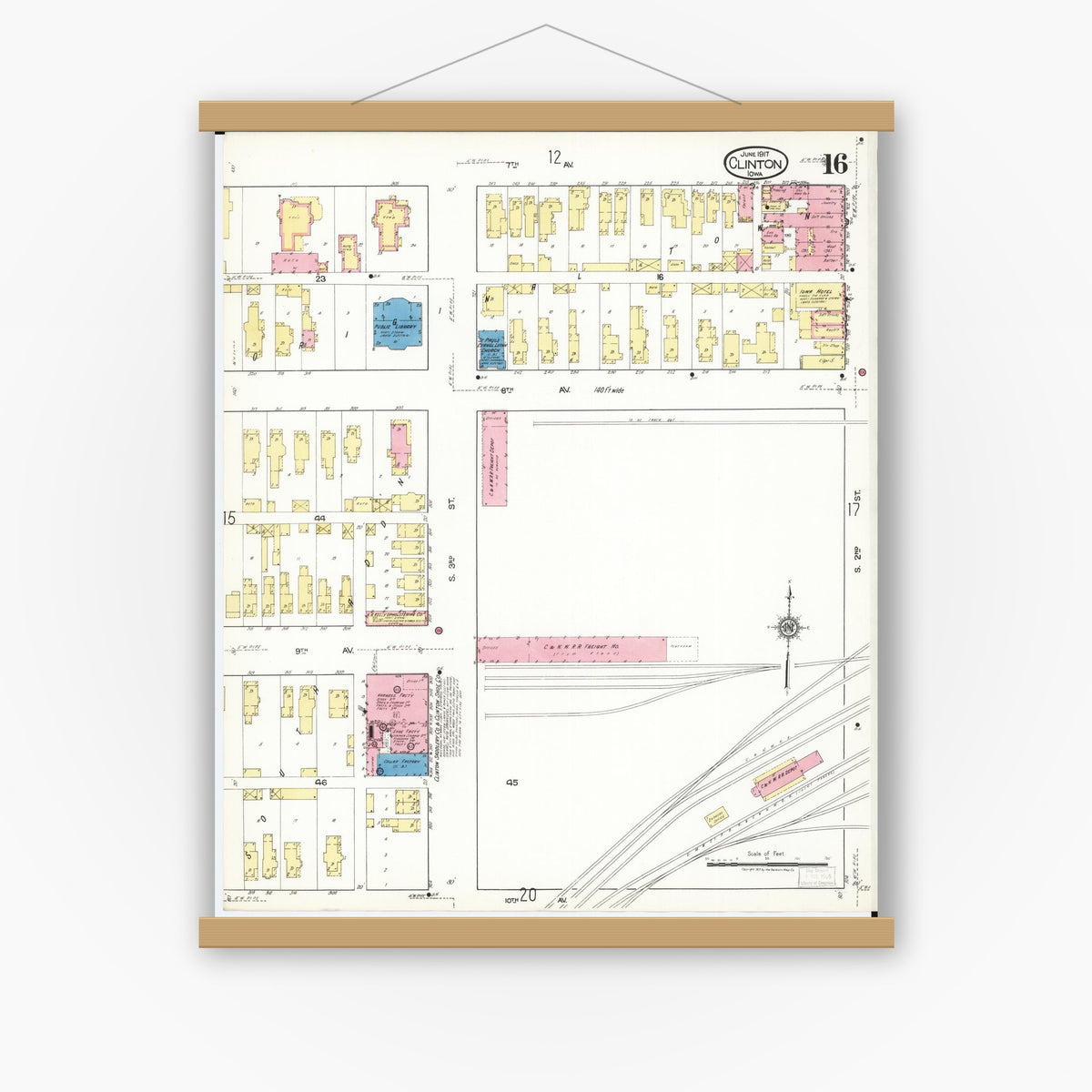 Old map wall art mockup — magnetic wood frame on white wall — Sanborn Fire Insurance Map from Clinton, Clinton County, Iowa (1917), Sheet #0016
