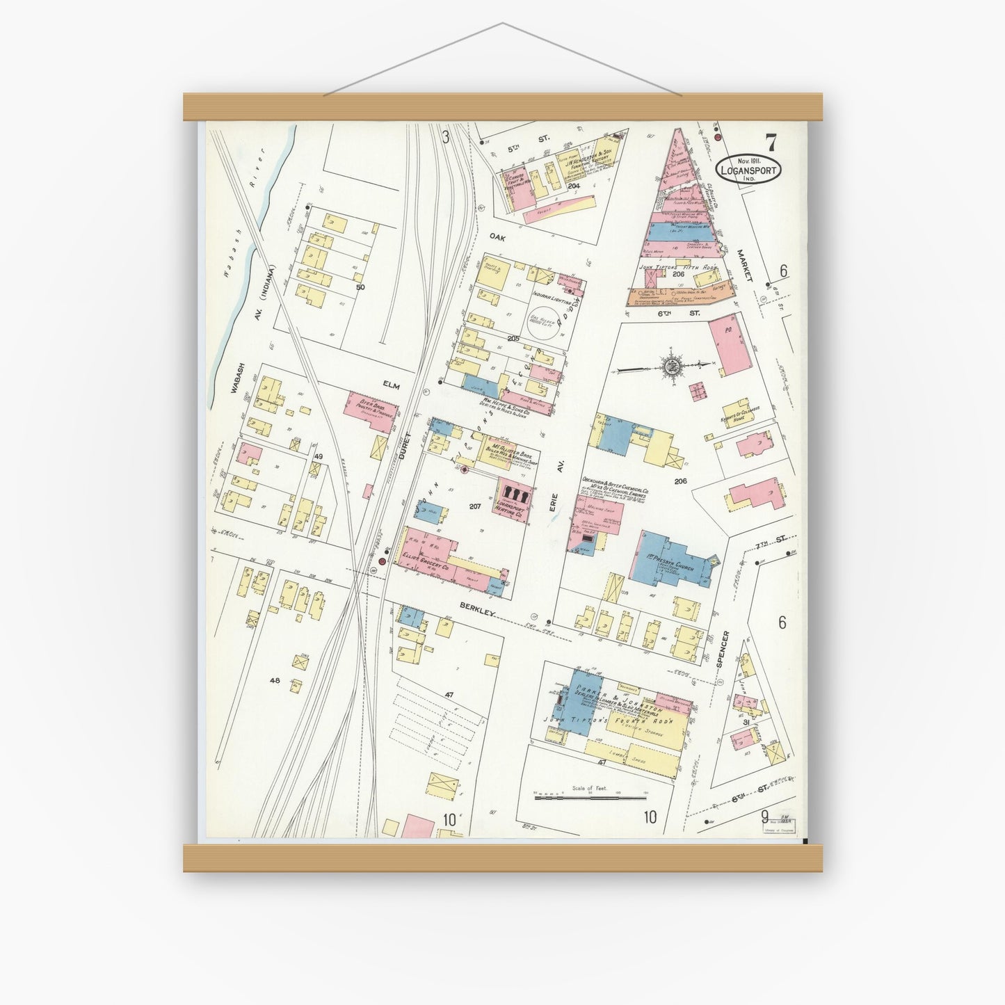 Old map wall art mockup — magnetic wood frame on white wall — Sanborn Fire Insurance Map from Logansport, Cass County, Indiana (1911), Sheet #0007