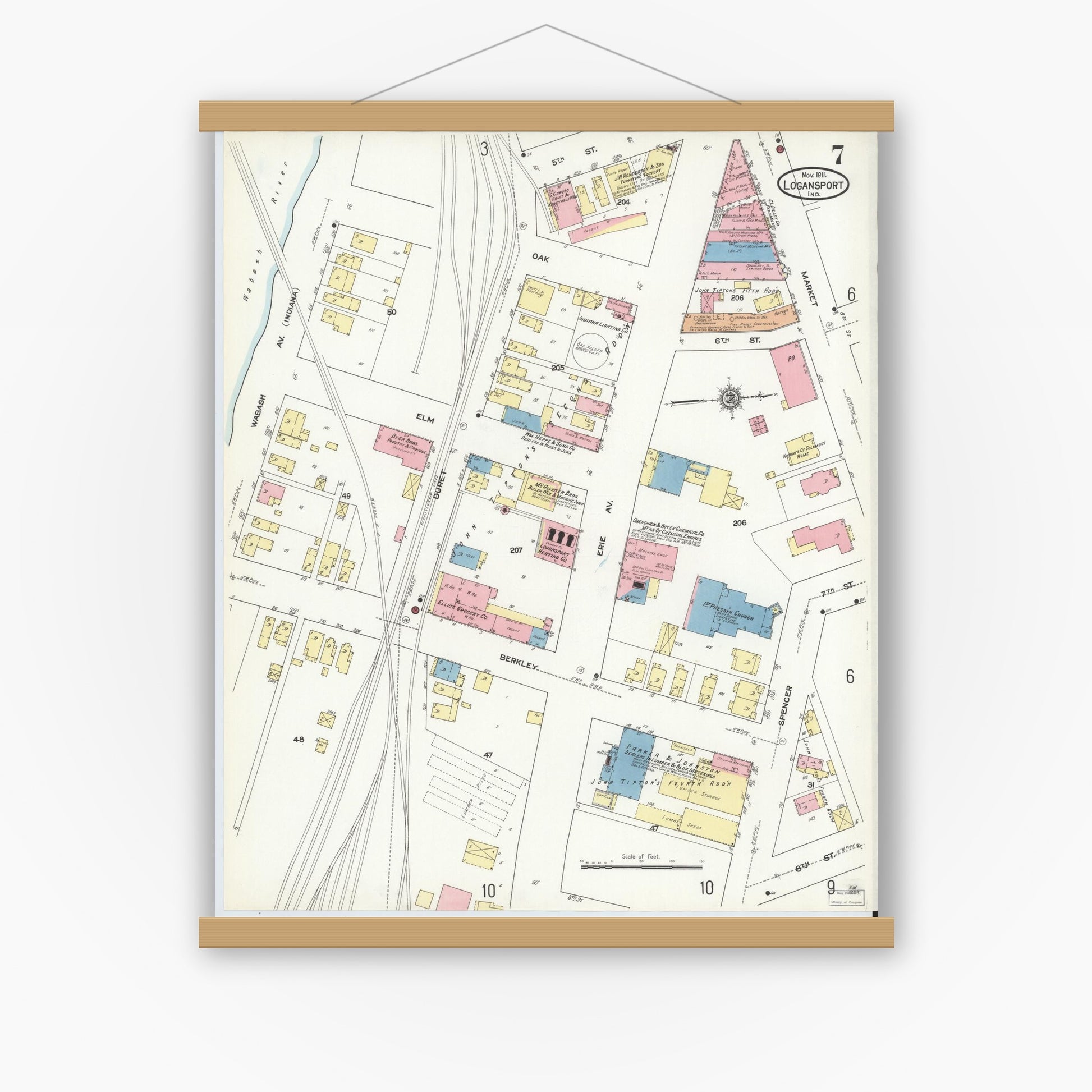Old map wall art mockup — magnetic wood frame on white wall — Sanborn Fire Insurance Map from Logansport, Cass County, Indiana (1911), Sheet #0007