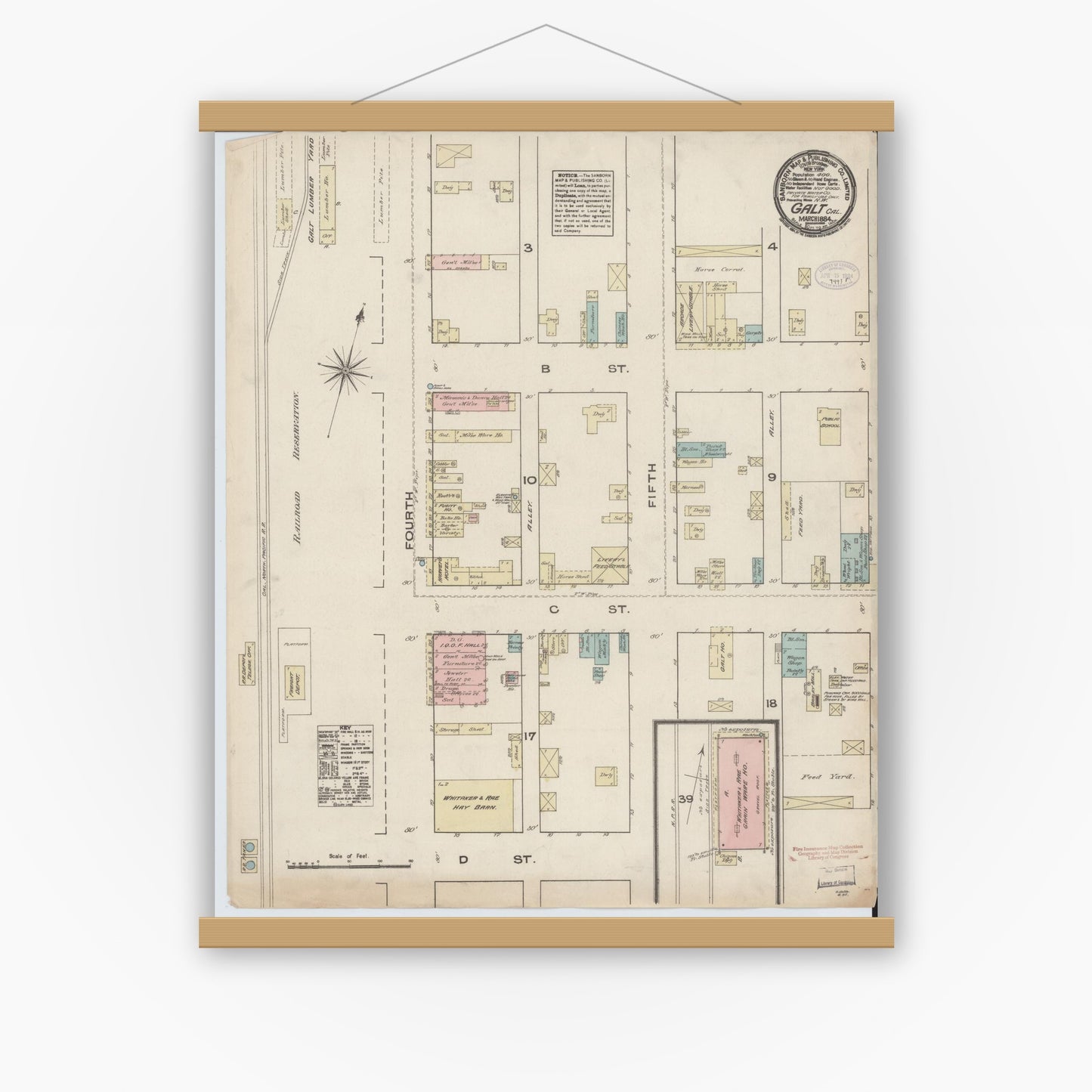 Old map wall art mockup — magnetic wood frame on white wall — Sanborn Fire Insurance Map from Galt, Sacramento County, California (1884), Sheet #0001