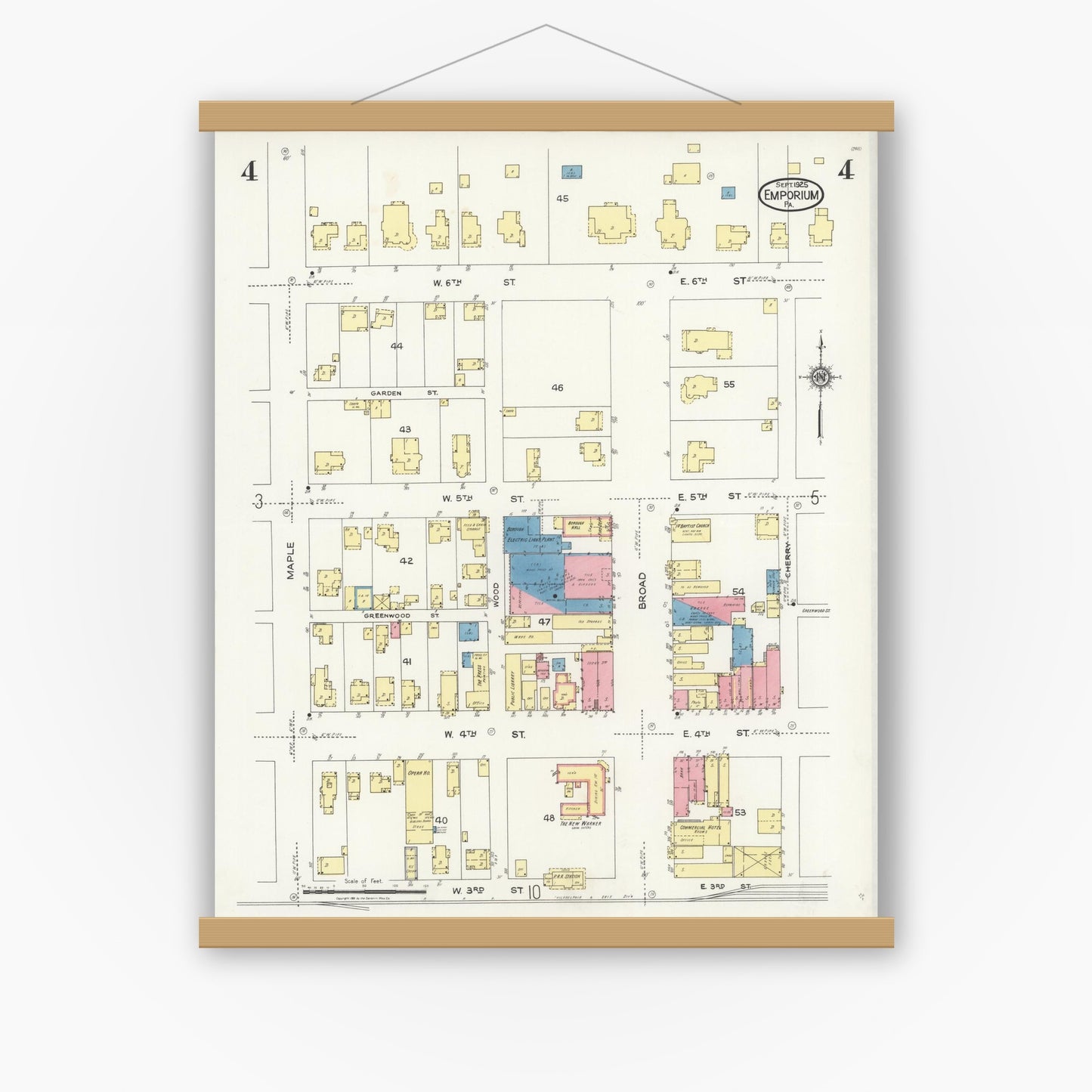 Old map wall art mockup — magnetic wood frame on white wall — Sanborn Fire Insurance Map from Emporium, Cameron County, Pennsylvania (1925), Sheet #0004