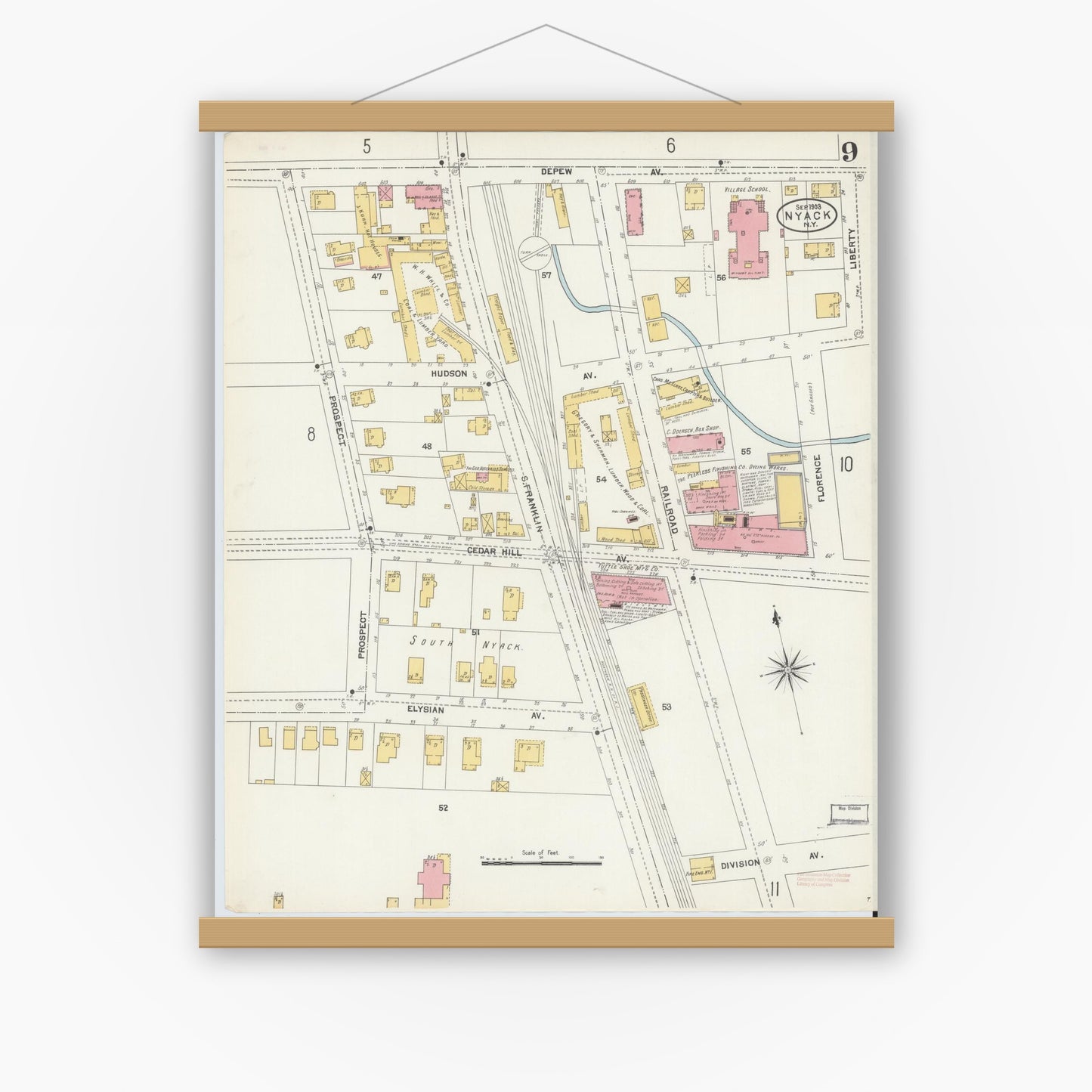Old map wall art mockup — magnetic wood frame on white wall — Sanborn Fire Insurance Map from Nyack, Rockland County, New York. (1903), Sheet #0009