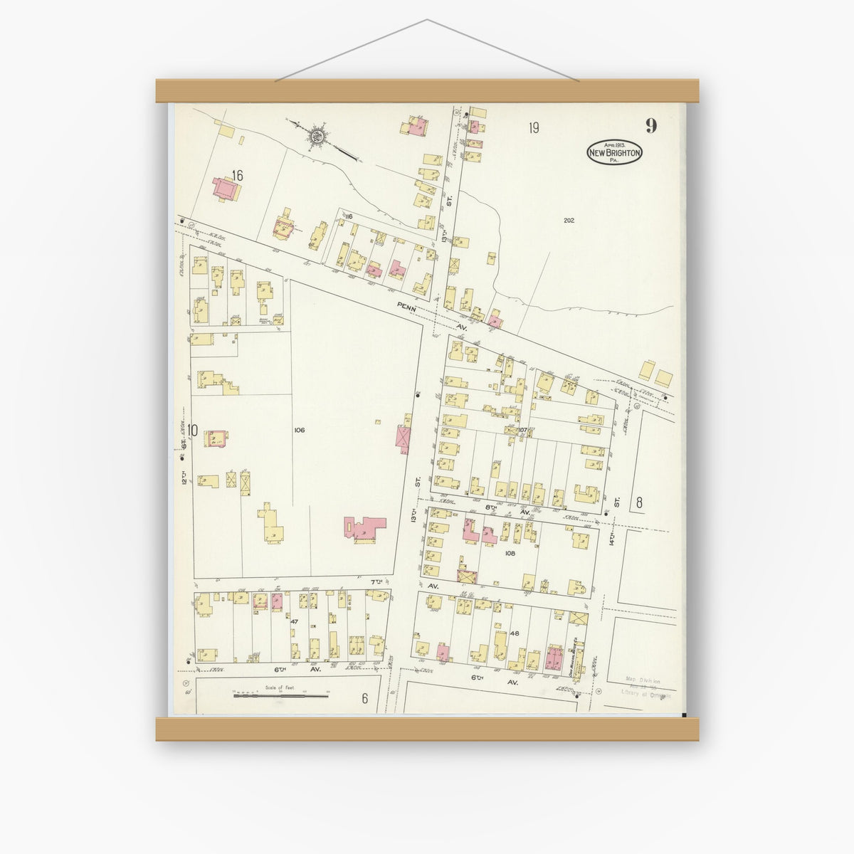 Old map wall art mockup — magnetic wood frame on white wall — Sanborn Fire Insurance Map from New Brighton, Beaver County, Pennsylvania (1913), Sheet #0009