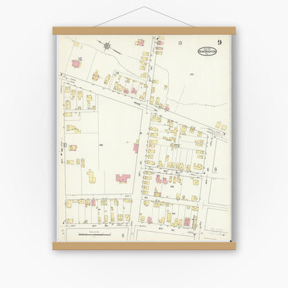 Old map wall art mockup — magnetic wood frame on white wall — Sanborn Fire Insurance Map from New Brighton, Beaver County, Pennsylvania (1913), Sheet #0009