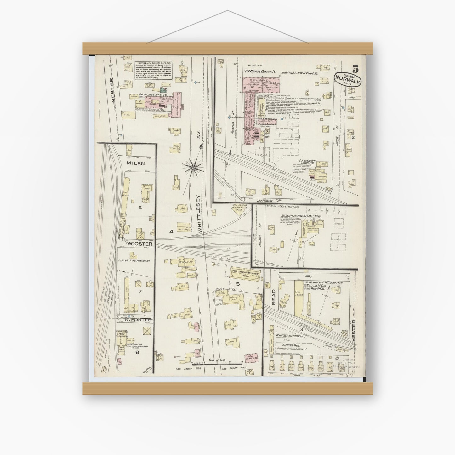 Old map wall art mockup — magnetic wood frame on white wall — Sanborn Fire Insurance Map from Norwalk, Huron County, Ohio (1884), Sheet #0005