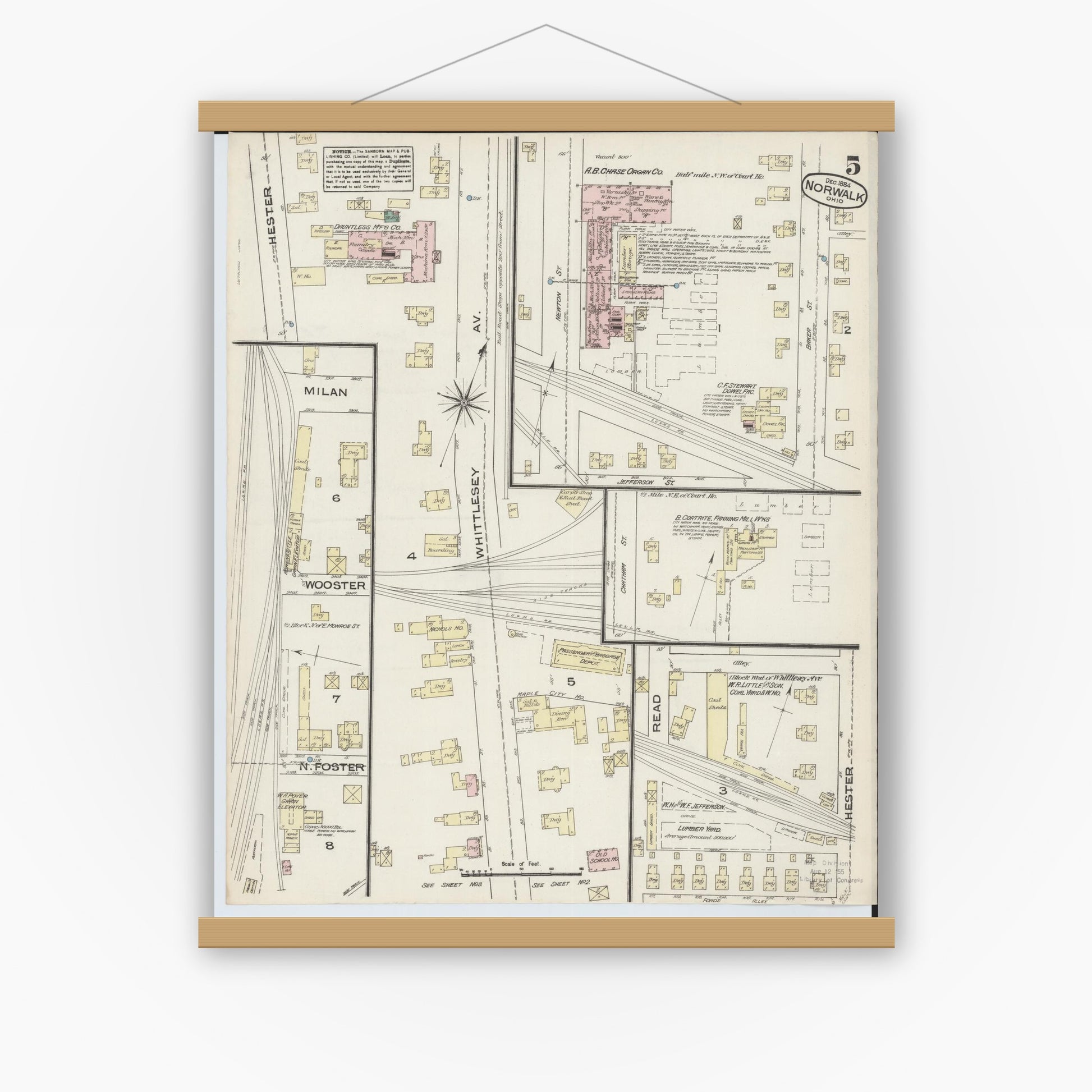 Old map wall art mockup — magnetic wood frame on white wall — Sanborn Fire Insurance Map from Norwalk, Huron County, Ohio (1884), Sheet #0005