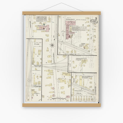 Old map wall art mockup — magnetic wood frame on white wall — Sanborn Fire Insurance Map from Norwalk, Huron County, Ohio (1884), Sheet #0005