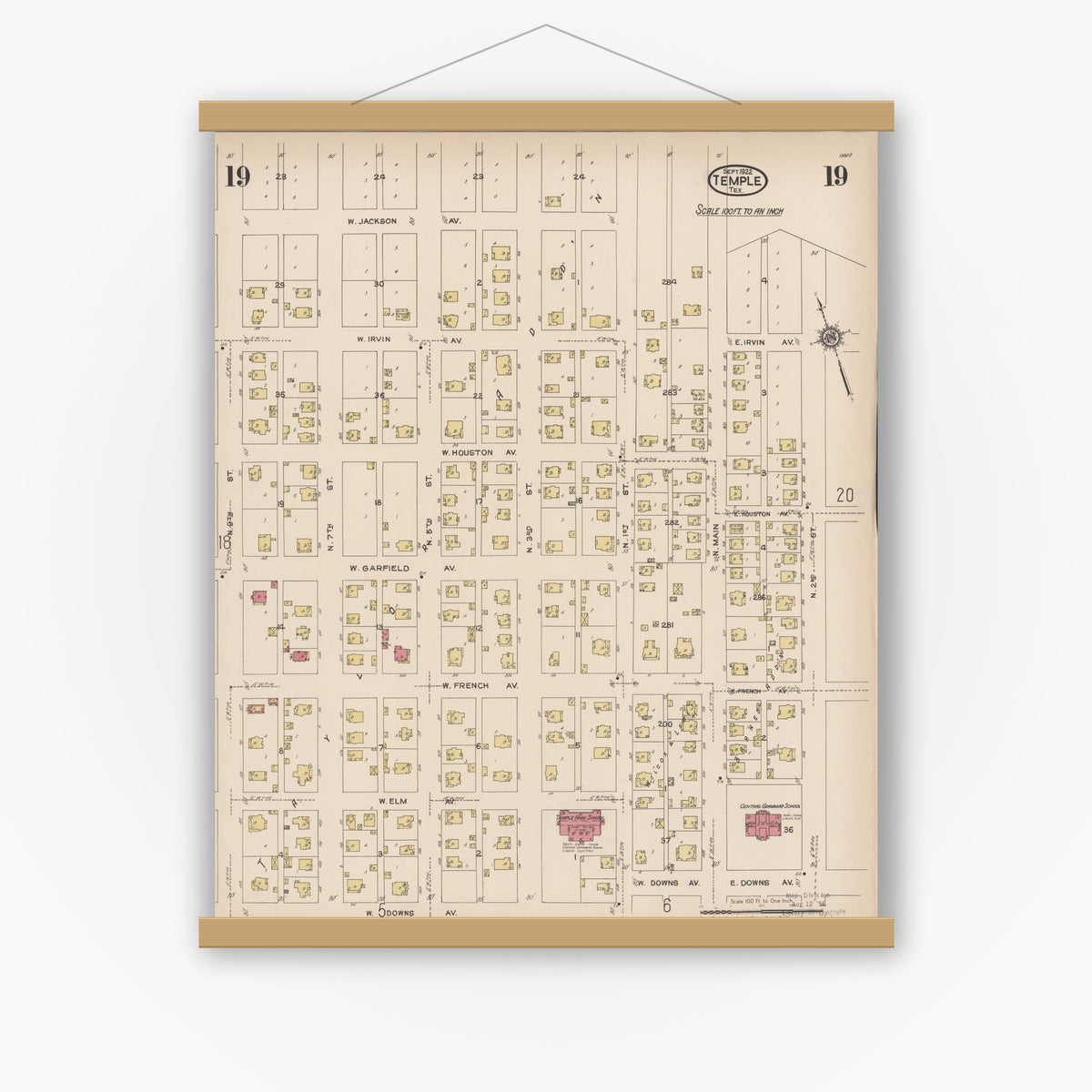 Old map wall art mockup — magnetic wood frame on white wall — Sanborn Fire Insurance Map from Temple, Bell County, Texas (1922), Sheet #0019