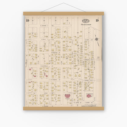 Old map wall art mockup — magnetic wood frame on white wall — Sanborn Fire Insurance Map from Temple, Bell County, Texas (1922), Sheet #0019