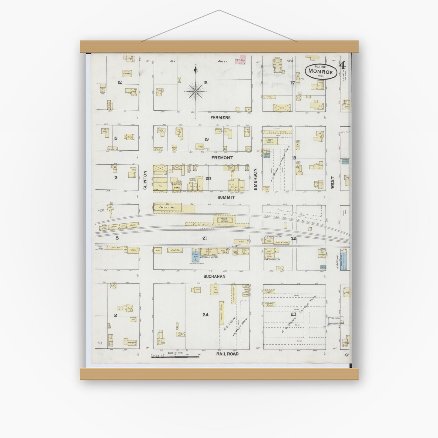Old map wall art mockup — magnetic wood frame on white wall — Sanborn Fire Insurance Map from Monroe, Green County, Wisconsin (1889), Sheet #0004