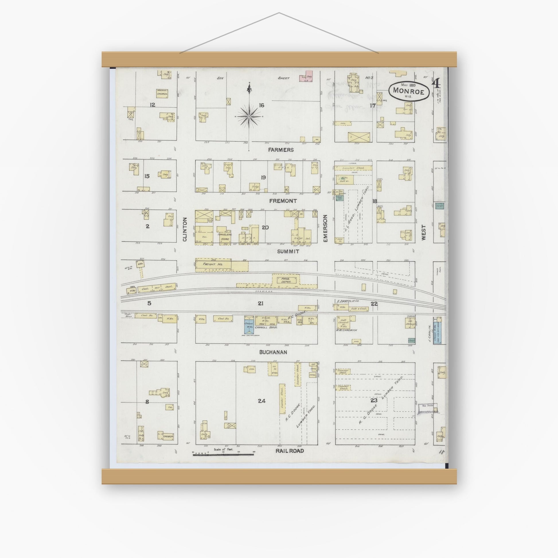 Old map wall art mockup — magnetic wood frame on white wall — Sanborn Fire Insurance Map from Monroe, Green County, Wisconsin (1889), Sheet #0004