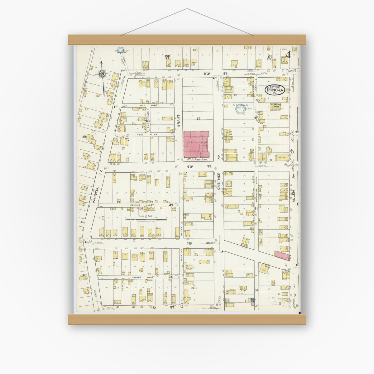 Old map wall art mockup — magnetic wood frame on white wall — Sanborn Fire Insurance Map from Donora, Washington County, Pennsylvania (1921), Sheet #0004