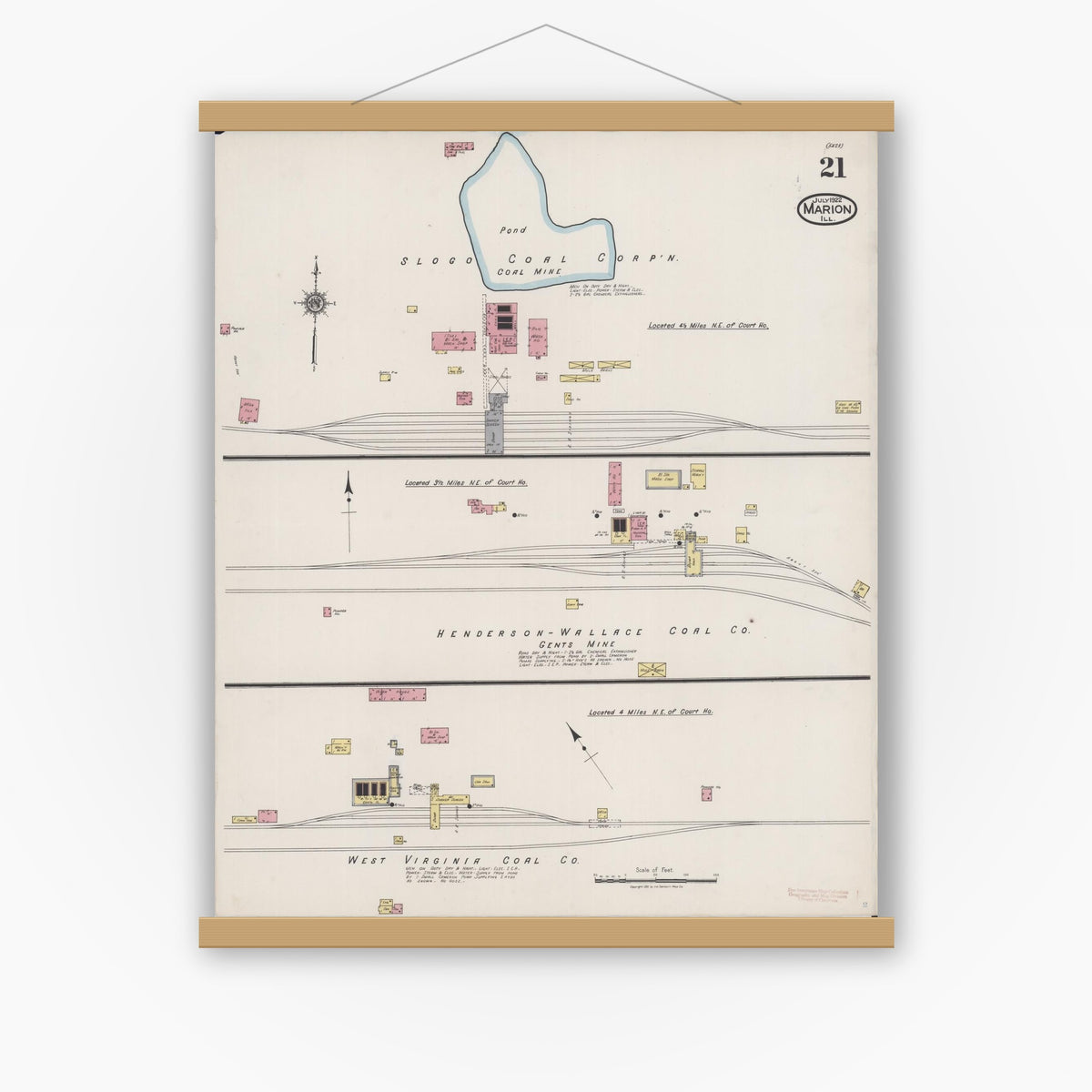 Old map wall art mockup — magnetic wood frame on white wall — Sanborn Fire Insurance Map from Marion, Williamson County, Illinois (1922), Sheet #0021