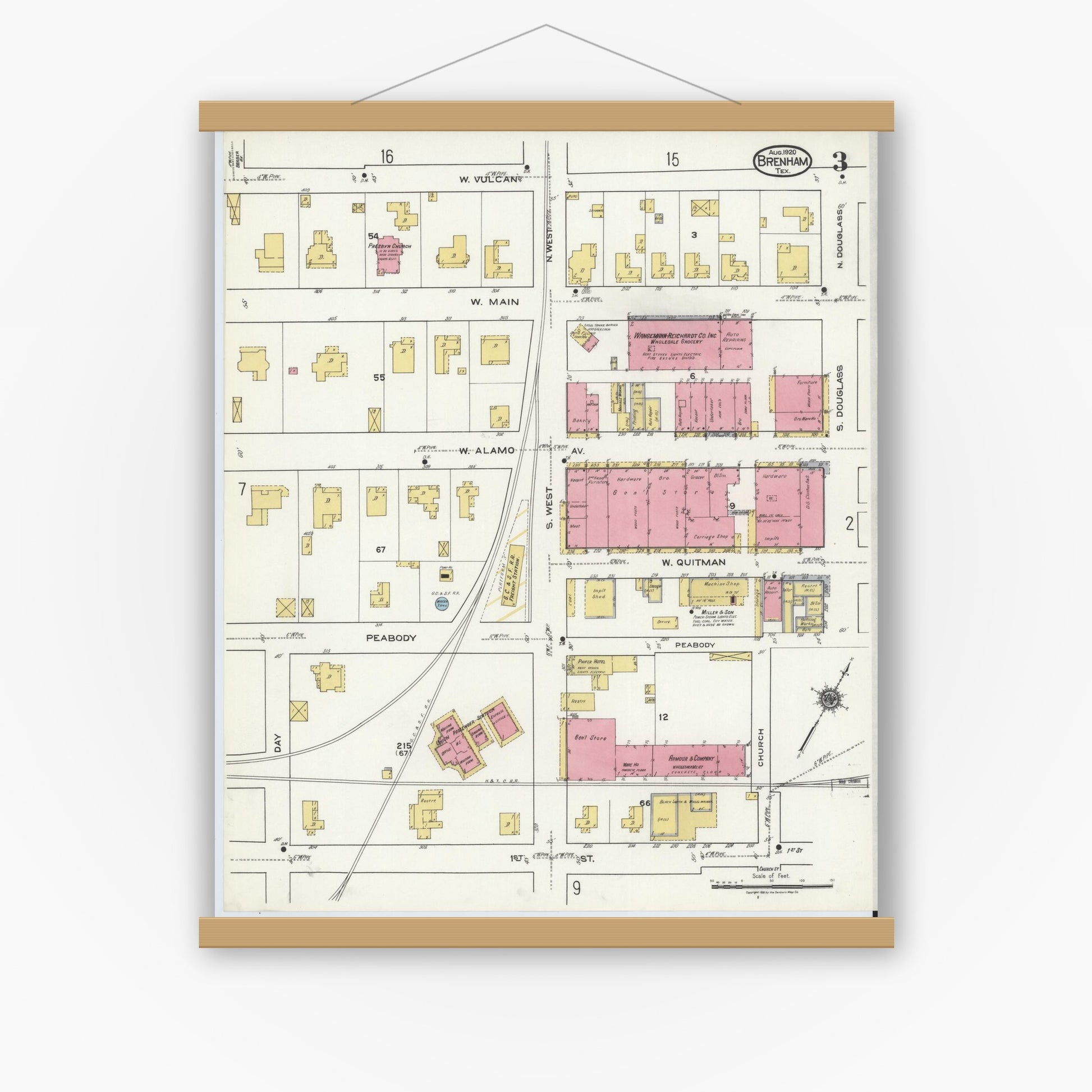 Old map wall art mockup — magnetic wood frame on white wall — Sanborn Fire Insurance Map from Brenham, Washington County, Texas (1920), Sheet #0003