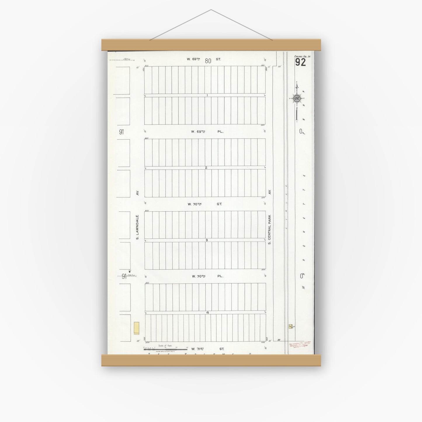 Old map wall art mockup — magnetic wood frame on white wall — Sanborn Fire Insurance Map from Chicago, Cook County, Illinois (1920), Sheet #0092