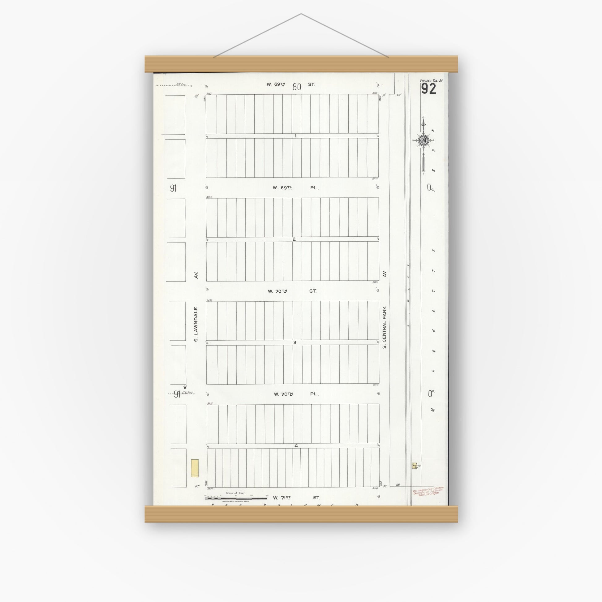 Old map wall art mockup — magnetic wood frame on white wall — Sanborn Fire Insurance Map from Chicago, Cook County, Illinois (1920), Sheet #0092