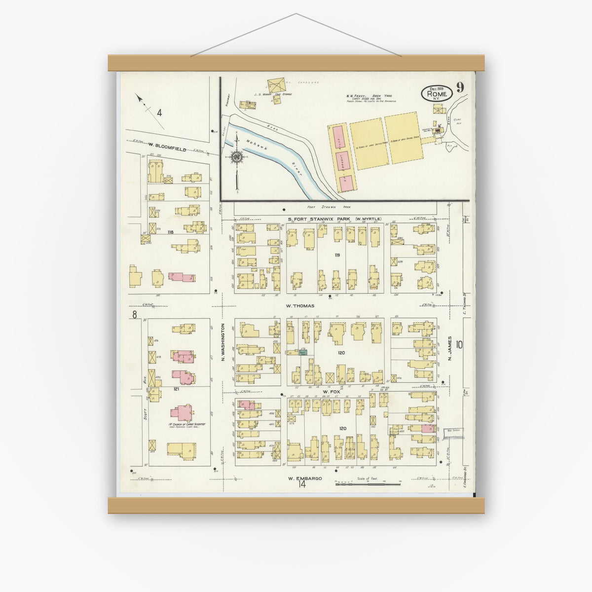 Old map wall art mockup — magnetic wood frame on white wall — Sanborn Fire Insurance Map from Rome, Oneida County, New York (1909), Sheet #0009