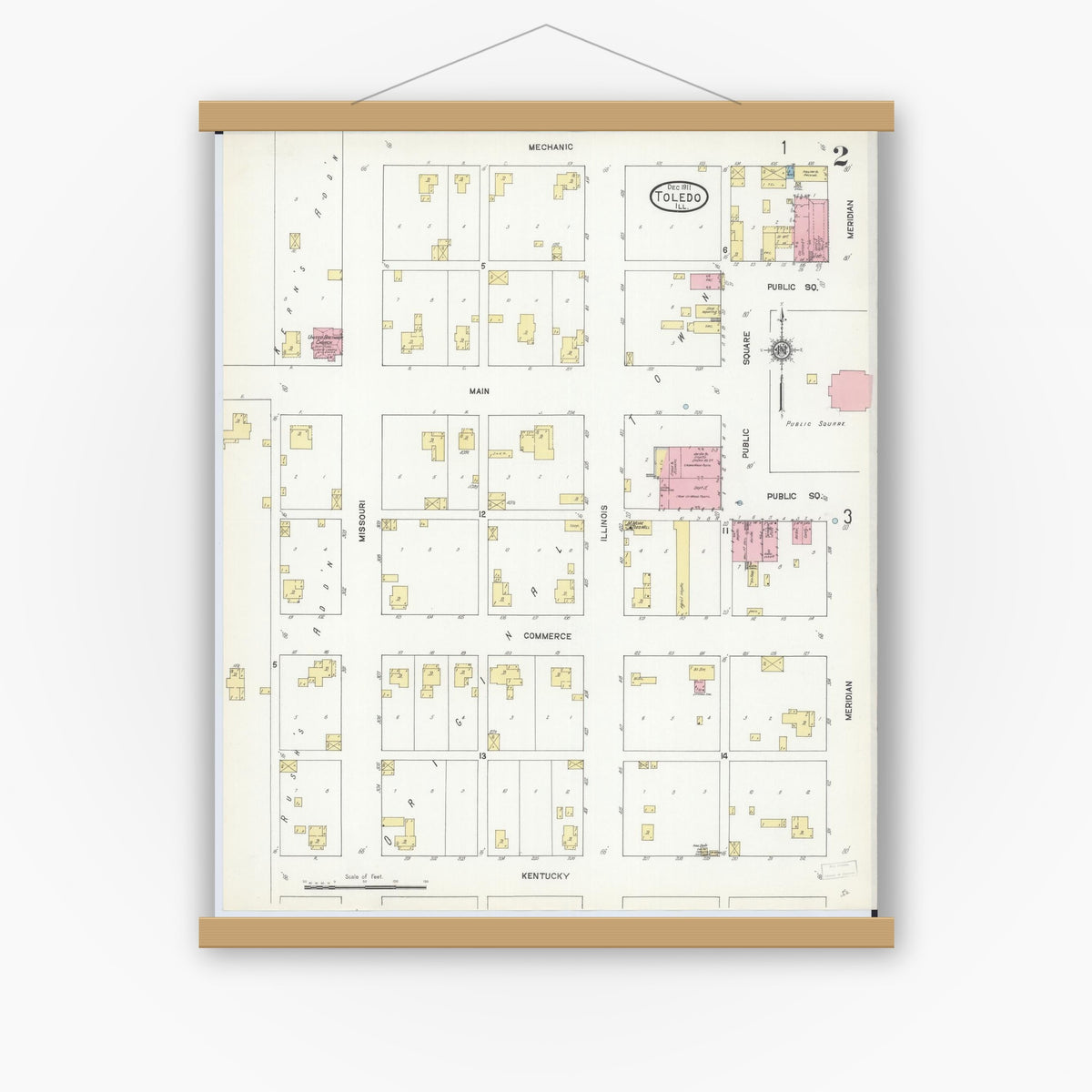 Old map wall art mockup — magnetic wood frame on white wall — Sanborn Fire Insurance Map from Toledo, Cumberland County, Illinois (1911), Sheet #0002