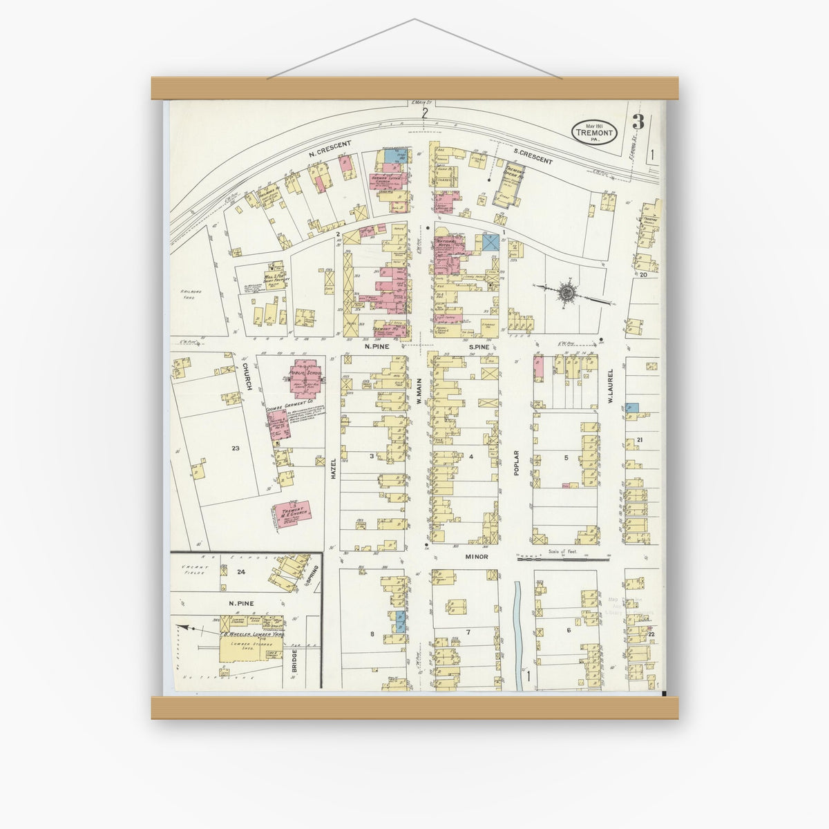 Old map wall art mockup — magnetic wood frame on white wall — Sanborn Fire Insurance Map from Tremont, Schuylkill County, Pennsylvania (1911), Sheet #0003