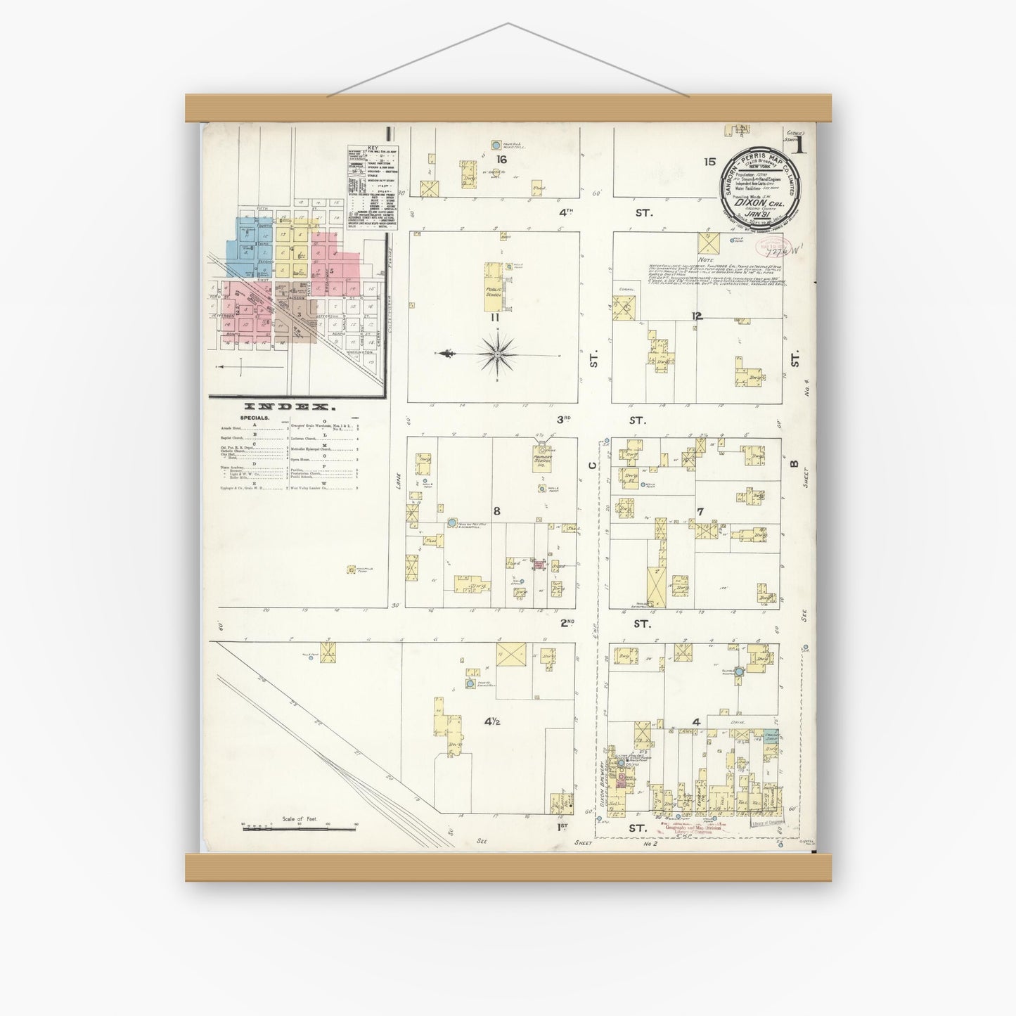 Old map wall art mockup — magnetic wood frame on white wall — Sanborn Fire Insurance Map from Dixon, Solano County, California (1891) - Complete Map Set