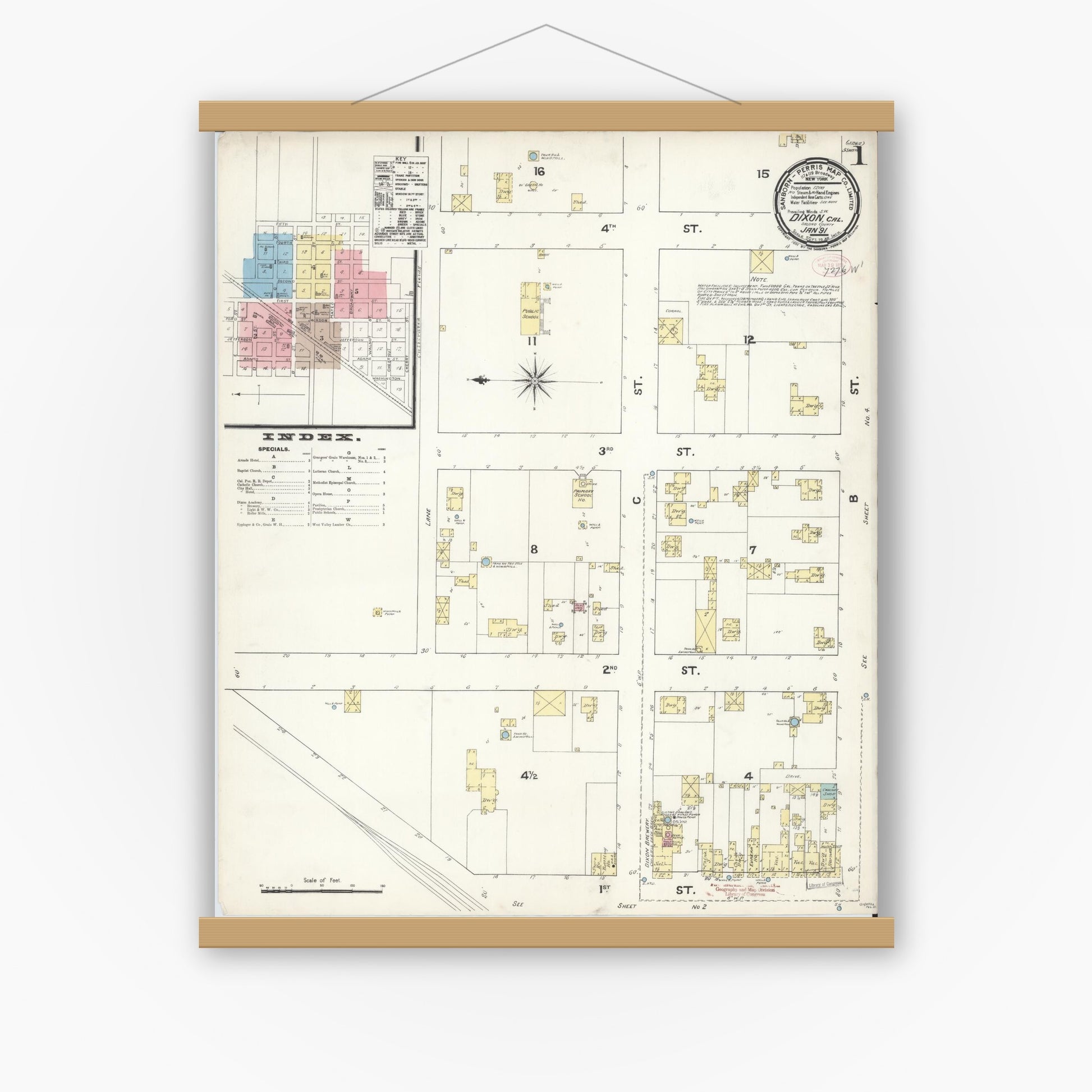 Old map wall art mockup — magnetic wood frame on white wall — Sanborn Fire Insurance Map from Dixon, Solano County, California (1891) - Complete Map Set
