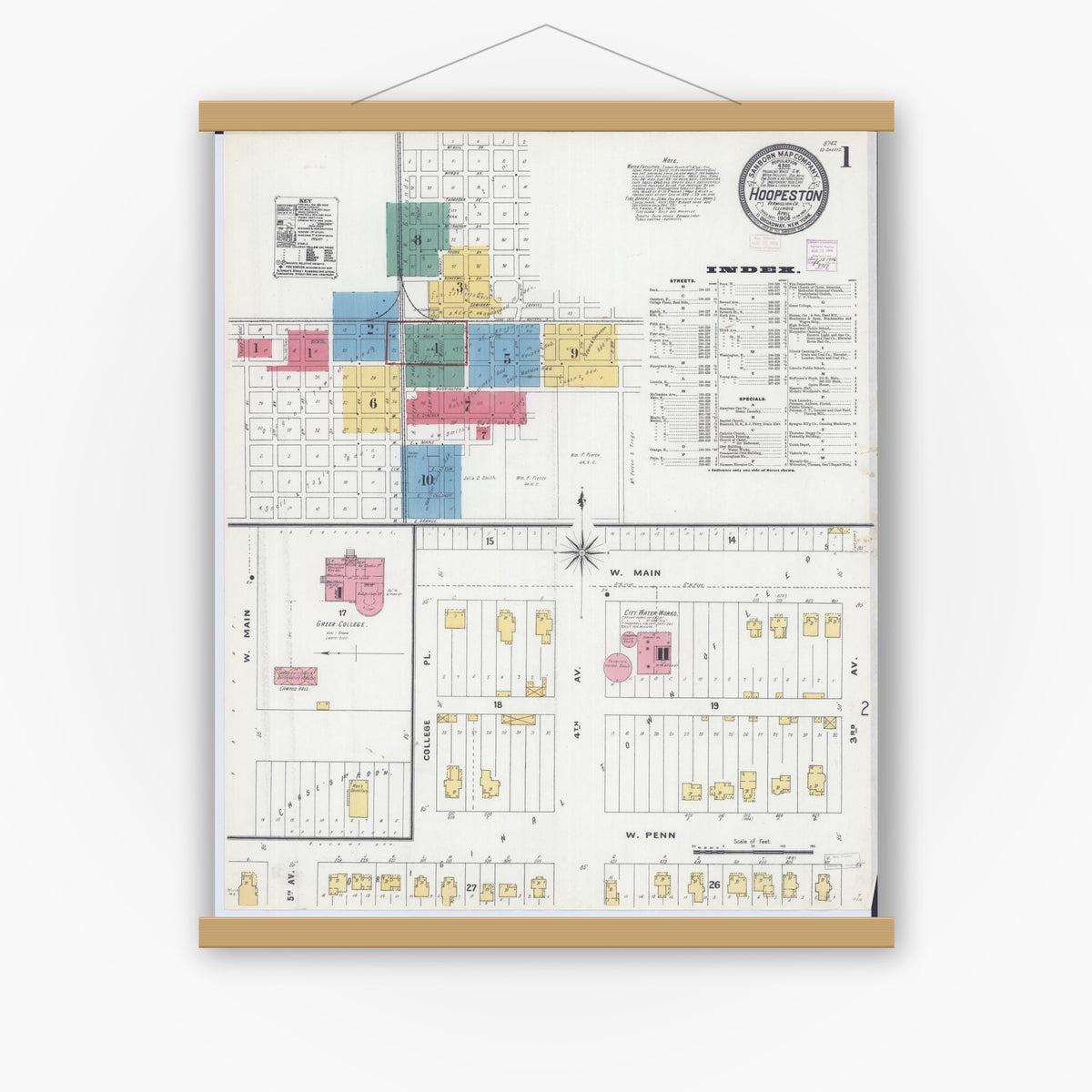 Old map wall art mockup — magnetic wood frame on white wall — Sanborn Fire Insurance Map from Hoopeston, Vermilion County, Illinois (1906) - Complete Map Set