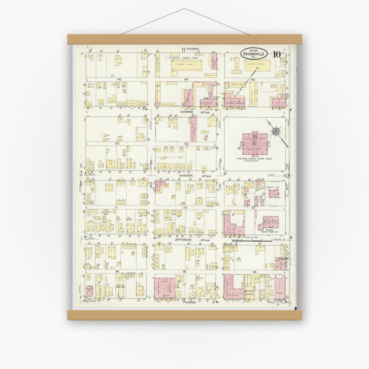 Old map wall art mockup — magnetic wood frame on white wall — Sanborn Fire Insurance Map from Brownsville, Cameron County, Texas (1914), Sheet #0010