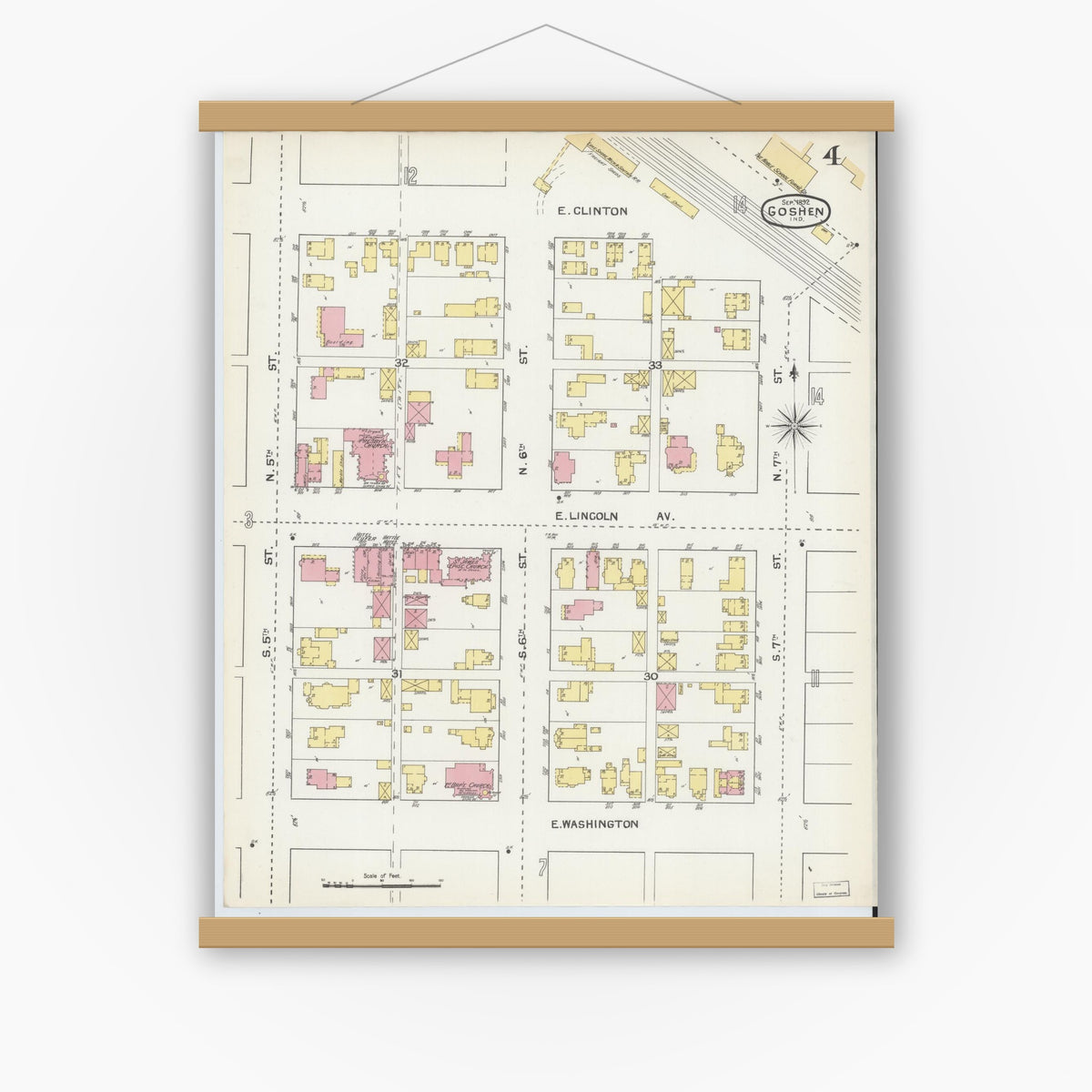 Old map wall art mockup — magnetic wood frame on white wall — Sanborn Fire Insurance Map from Goshen, Elkhart County, Indiana (1892), Sheet #0004