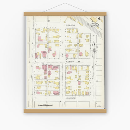 Old map wall art mockup — magnetic wood frame on white wall — Sanborn Fire Insurance Map from Goshen, Elkhart County, Indiana (1892), Sheet #0004