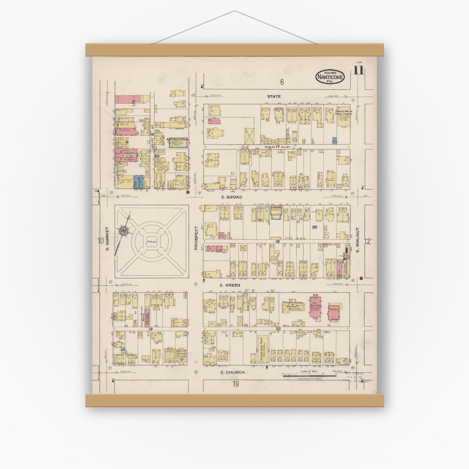 Old map wall art mockup — magnetic wood frame on white wall — Sanborn Fire Insurance Map from Nanticoke, Luzerne County, Pennsylvania (1920), Sheet #0011
