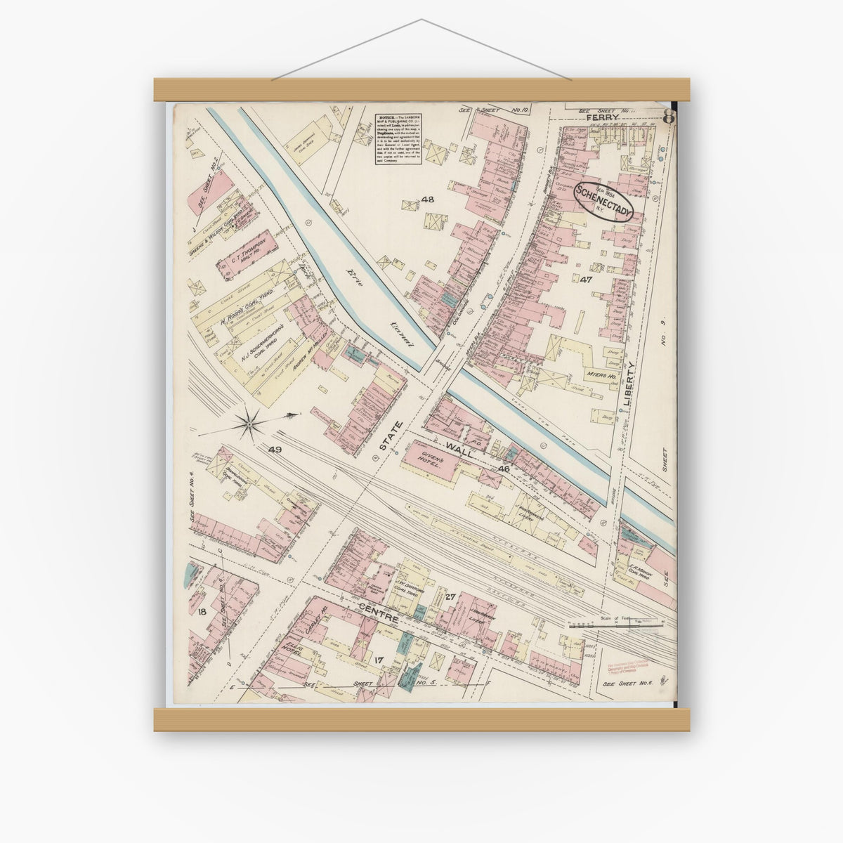 Old map wall art mockup — magnetic wood frame on white wall — Sanborn Fire Insurance Map from Schenectady, Schenectady County, New York (1884), Sheet #0008