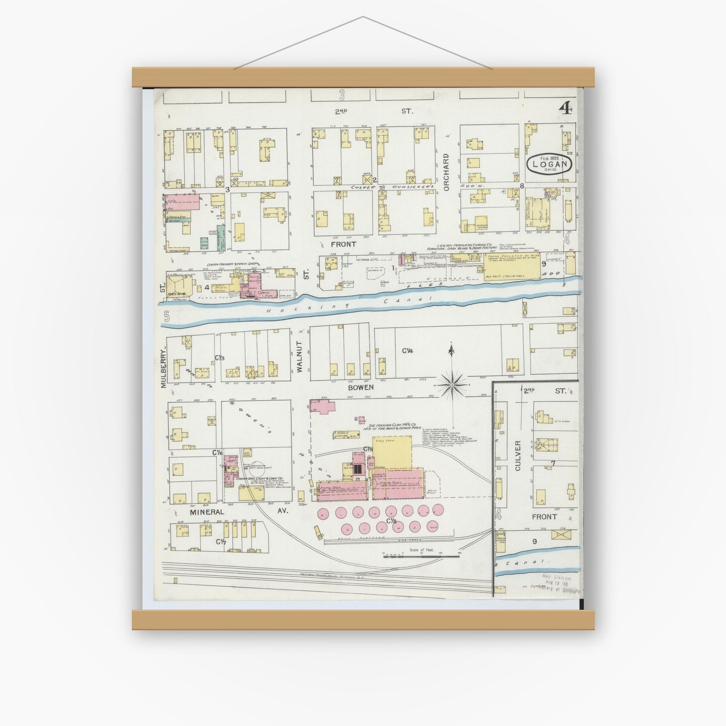 Old map wall art mockup — magnetic wood frame on white wall — Sanborn Fire Insurance Map from Logan, Hocking County, Ohio (1893), Sheet #0004