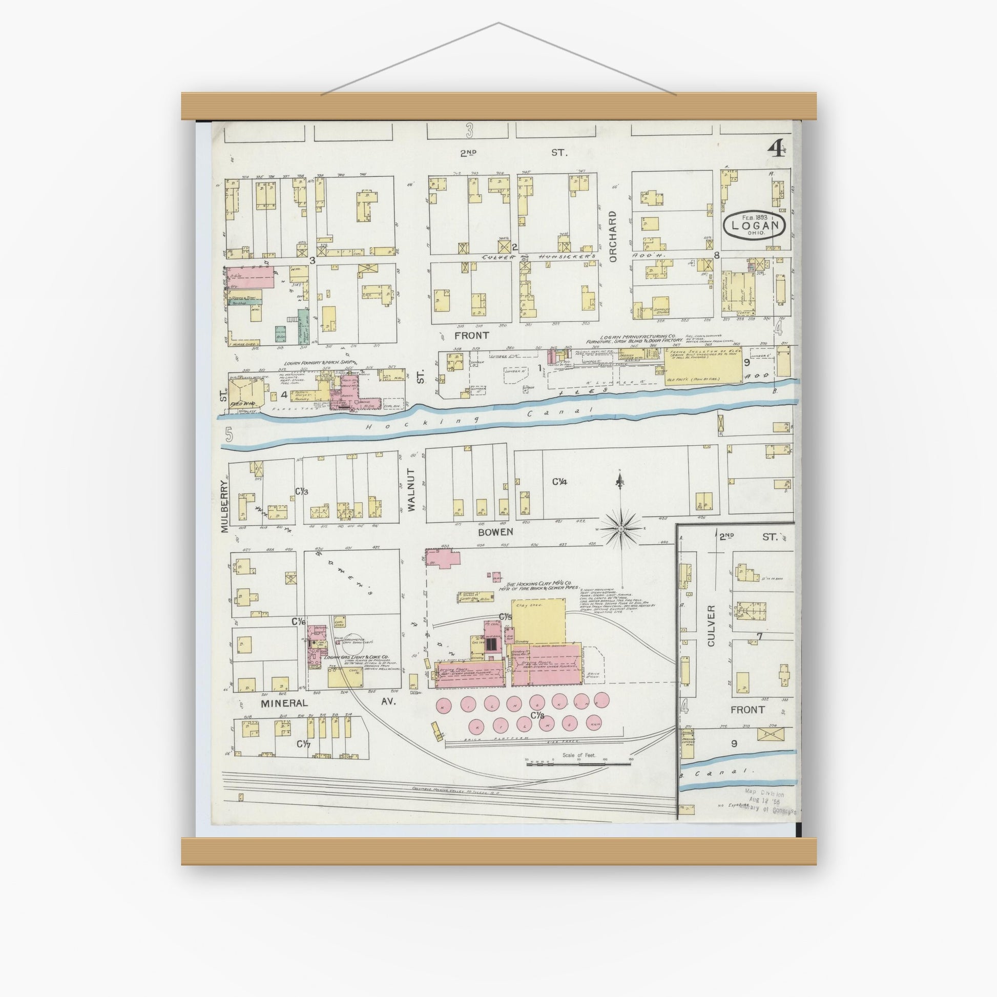 Old map wall art mockup — magnetic wood frame on white wall — Sanborn Fire Insurance Map from Logan, Hocking County, Ohio (1893), Sheet #0004