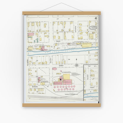 Old map wall art mockup — magnetic wood frame on white wall — Sanborn Fire Insurance Map from Logan, Hocking County, Ohio (1893), Sheet #0004