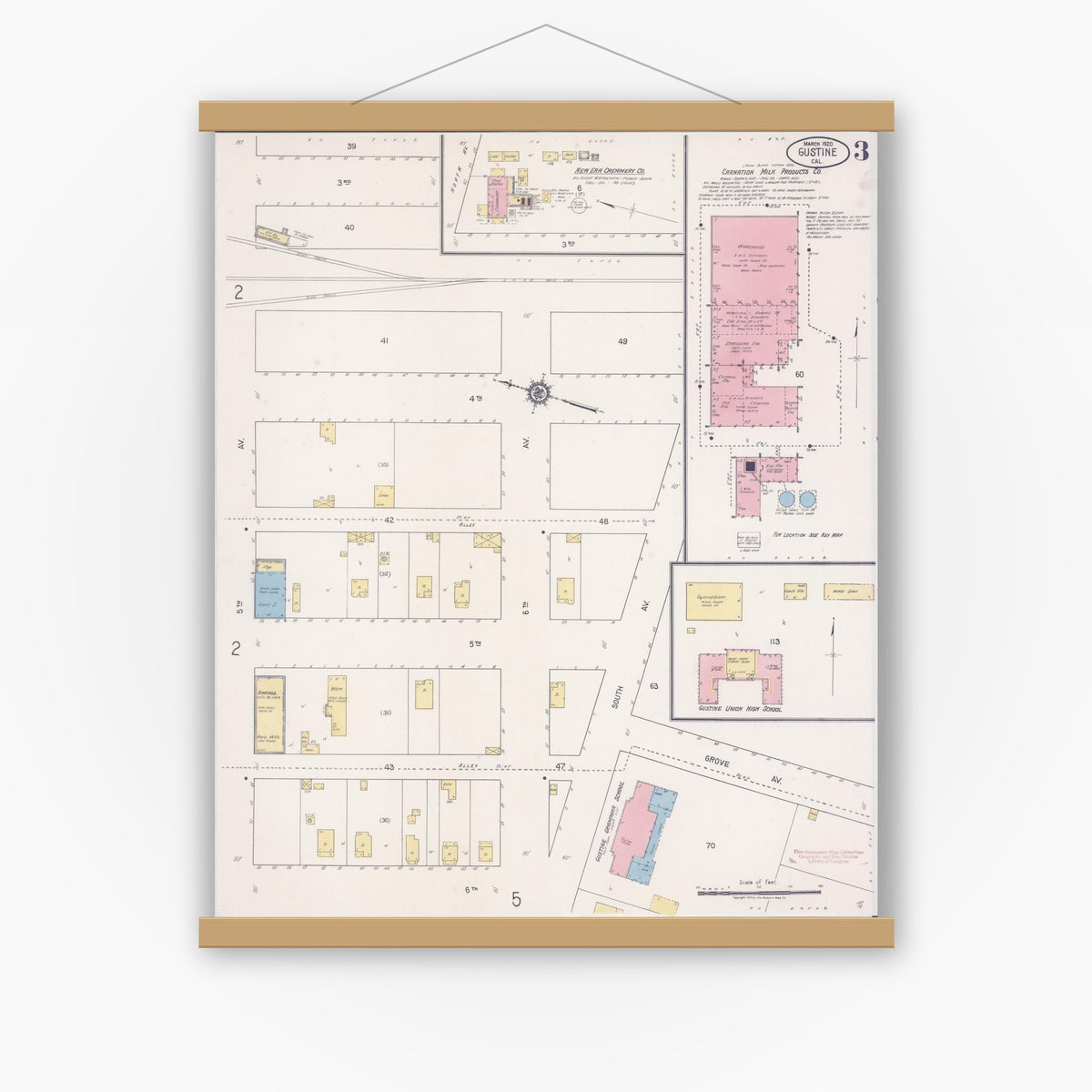 Old map wall art mockup — magnetic wood frame on white wall — Sanborn Fire Insurance Map from Gustine, Merced County, California (1920), Sheet #0003