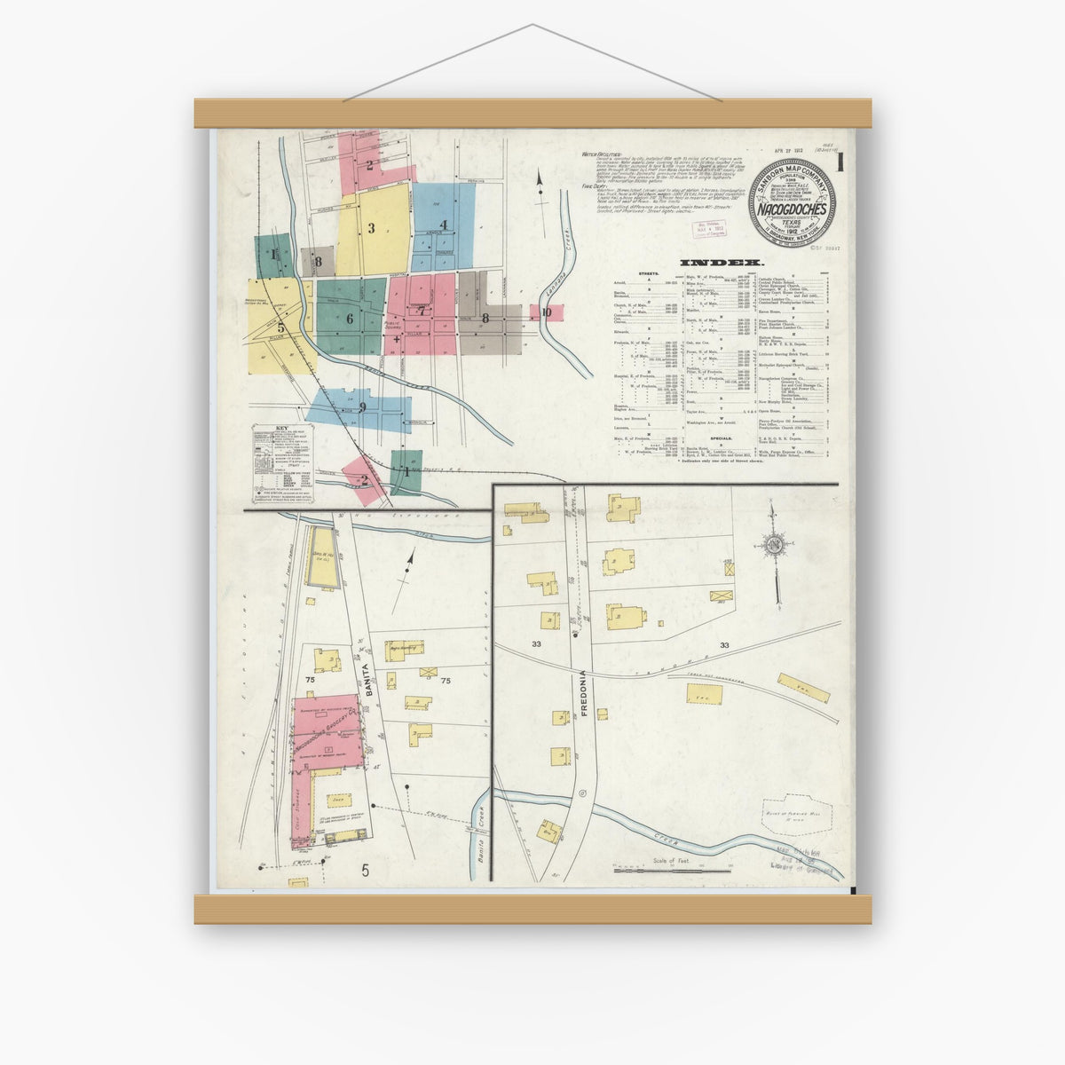 Old map wall art mockup — magnetic wood frame on white wall — Sanborn Fire Insurance Map from Nacogdoches, Nacogdoches County, Texas (1912) - Complete Map Set