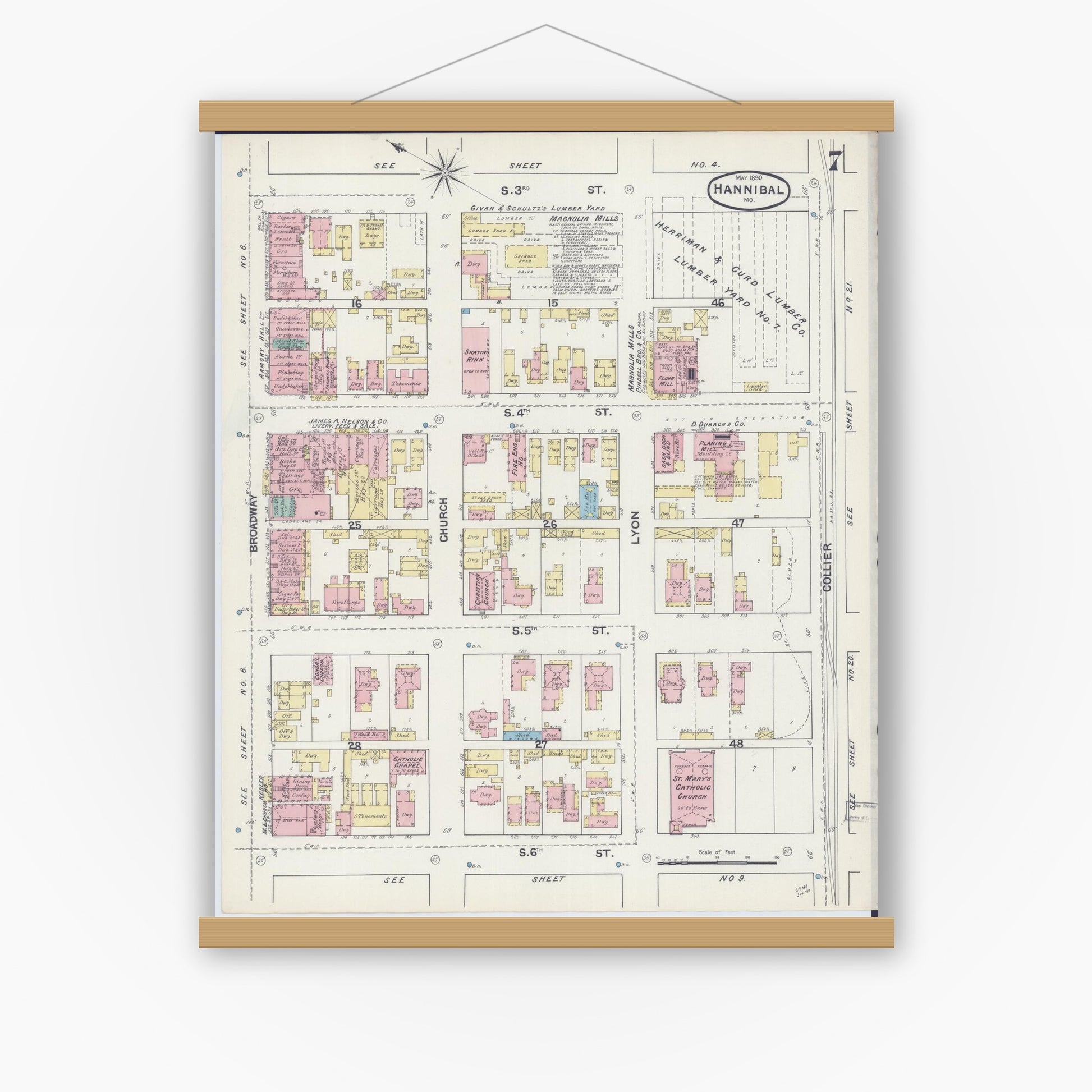 Old map wall art mockup — magnetic wood frame on white wall — Sanborn Fire Insurance Map from Hannibal, Marion County, Missouri (1890), Sheet #0007
