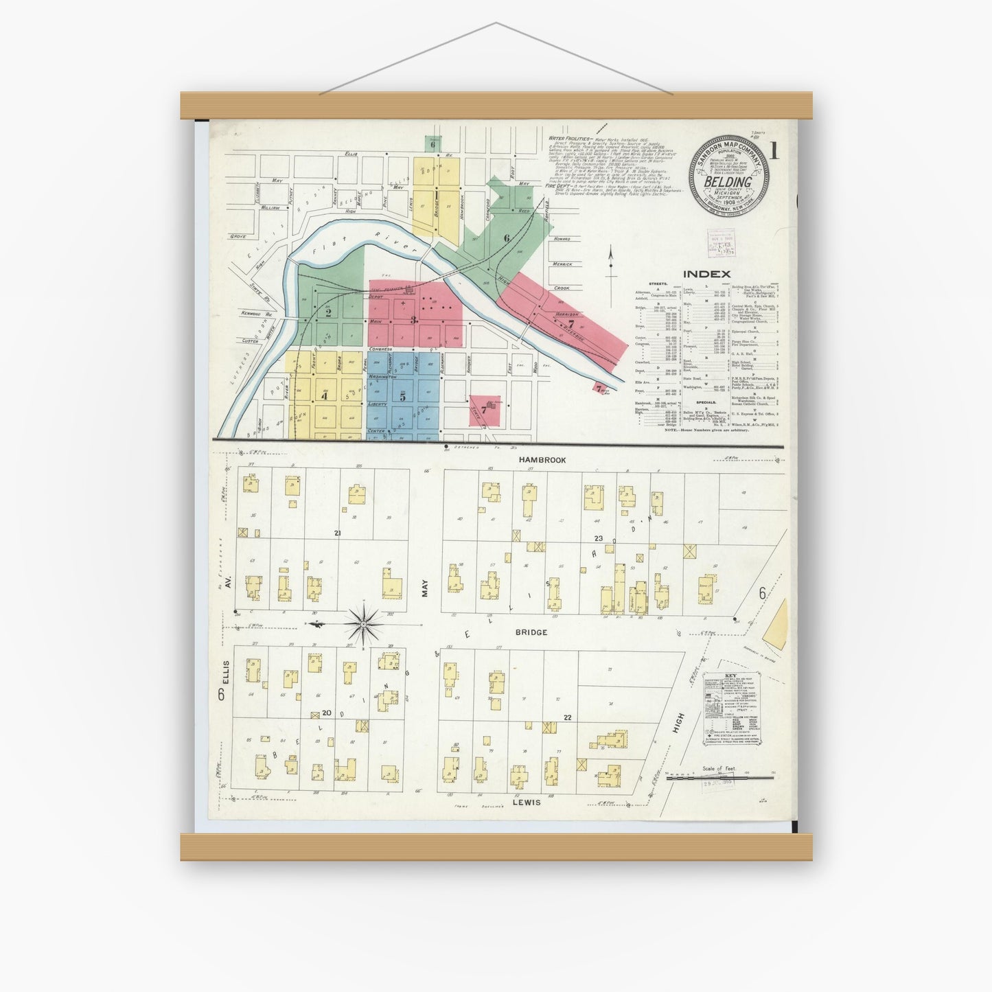 Old map wall art mockup — magnetic wood frame on white wall — Sanborn Fire Insurance Map from Belding, Ionia County, Michigan (1908), Sheet #0001