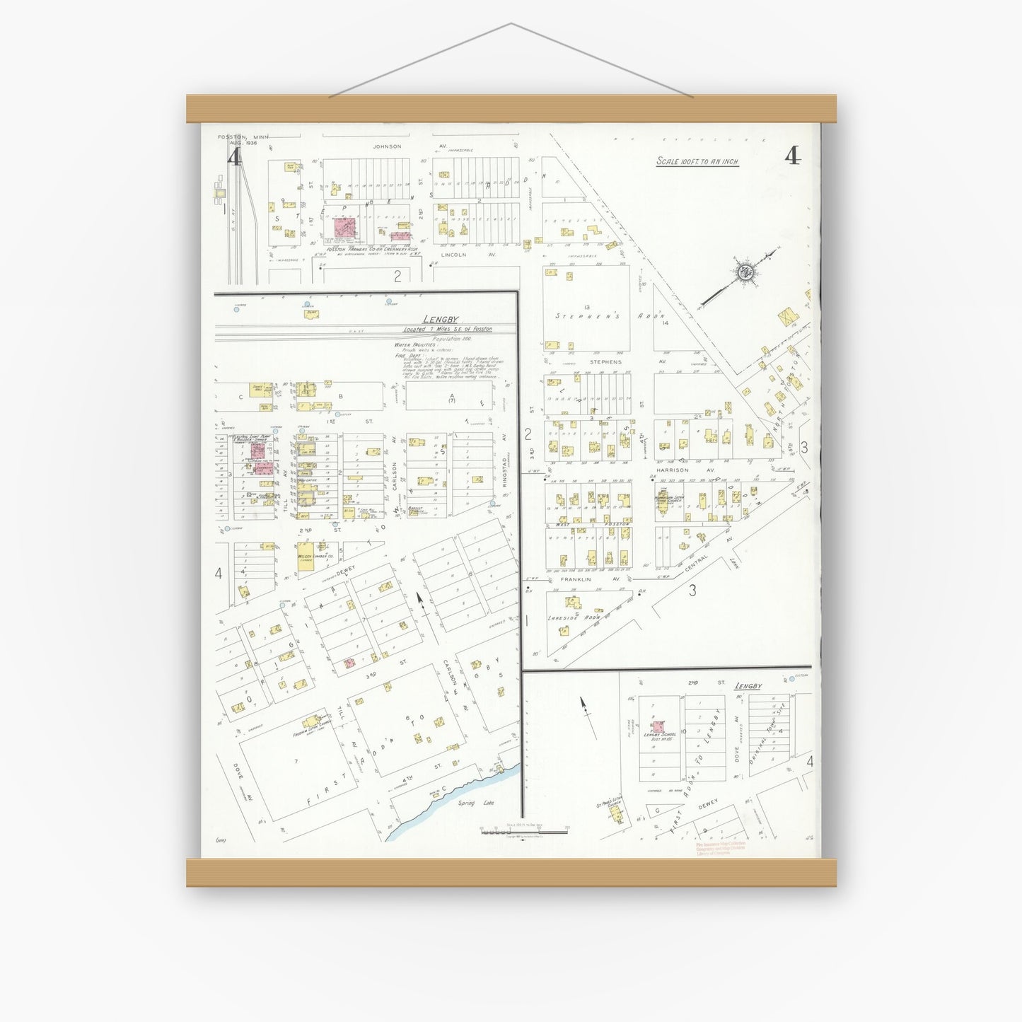 Old map wall art mockup — magnetic wood frame on white wall — Sanborn Fire Insurance Map from Fosston, Polk County, Minnesota (1936), Sheet #0004