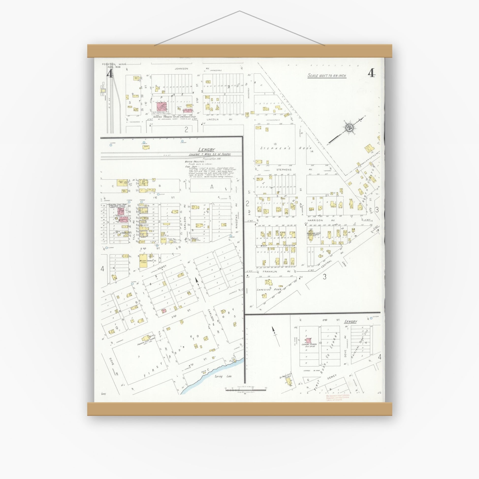 Old map wall art mockup — magnetic wood frame on white wall — Sanborn Fire Insurance Map from Fosston, Polk County, Minnesota (1936), Sheet #0004