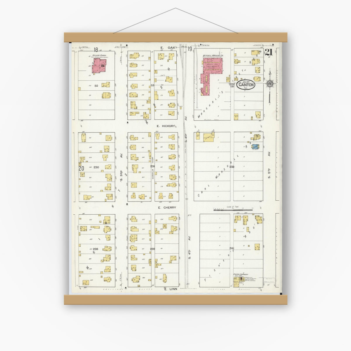 Old map wall art mockup — magnetic wood frame on white wall — Sanborn Fire Insurance Map from Canton, Fulton County, Illinois (1917), Sheet #0021