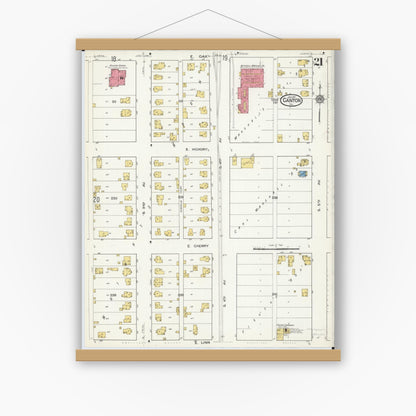 Old map wall art mockup — magnetic wood frame on white wall — Sanborn Fire Insurance Map from Canton, Fulton County, Illinois (1917), Sheet #0021