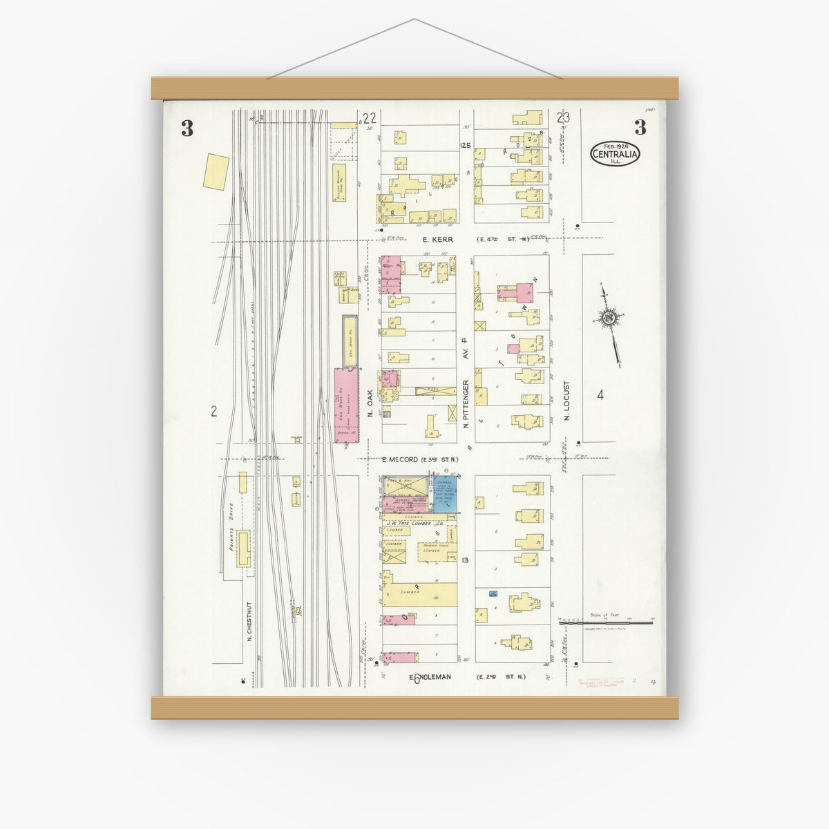 Old map wall art mockup — magnetic wood frame on white wall — Sanborn Fire Insurance Map from Centralia, Marion, Clinton, Jefferson, and Washington Counties, Illinois (1924), Sheet #0003