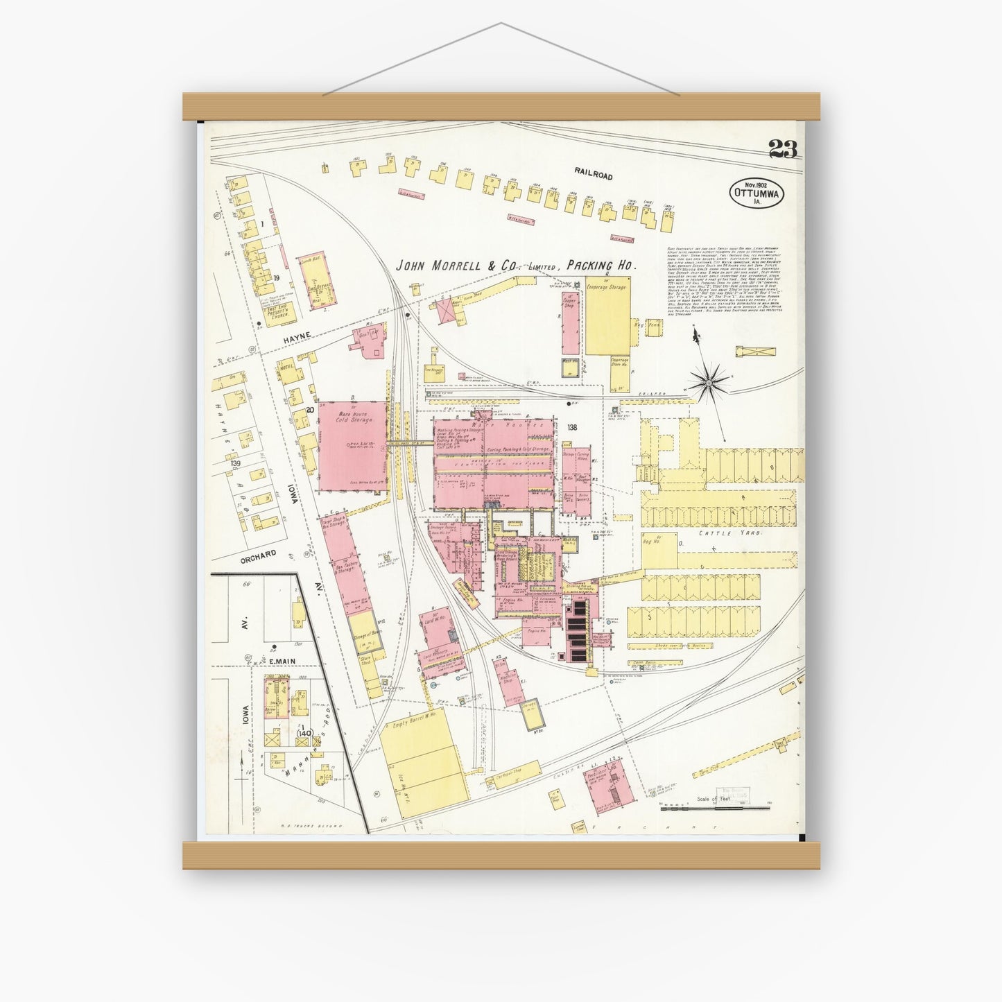 Old map wall art mockup — magnetic wood frame on white wall — Sanborn Fire Insurance Map from Ottumwa, Wapello County, Iowa (1902), Sheet #0023