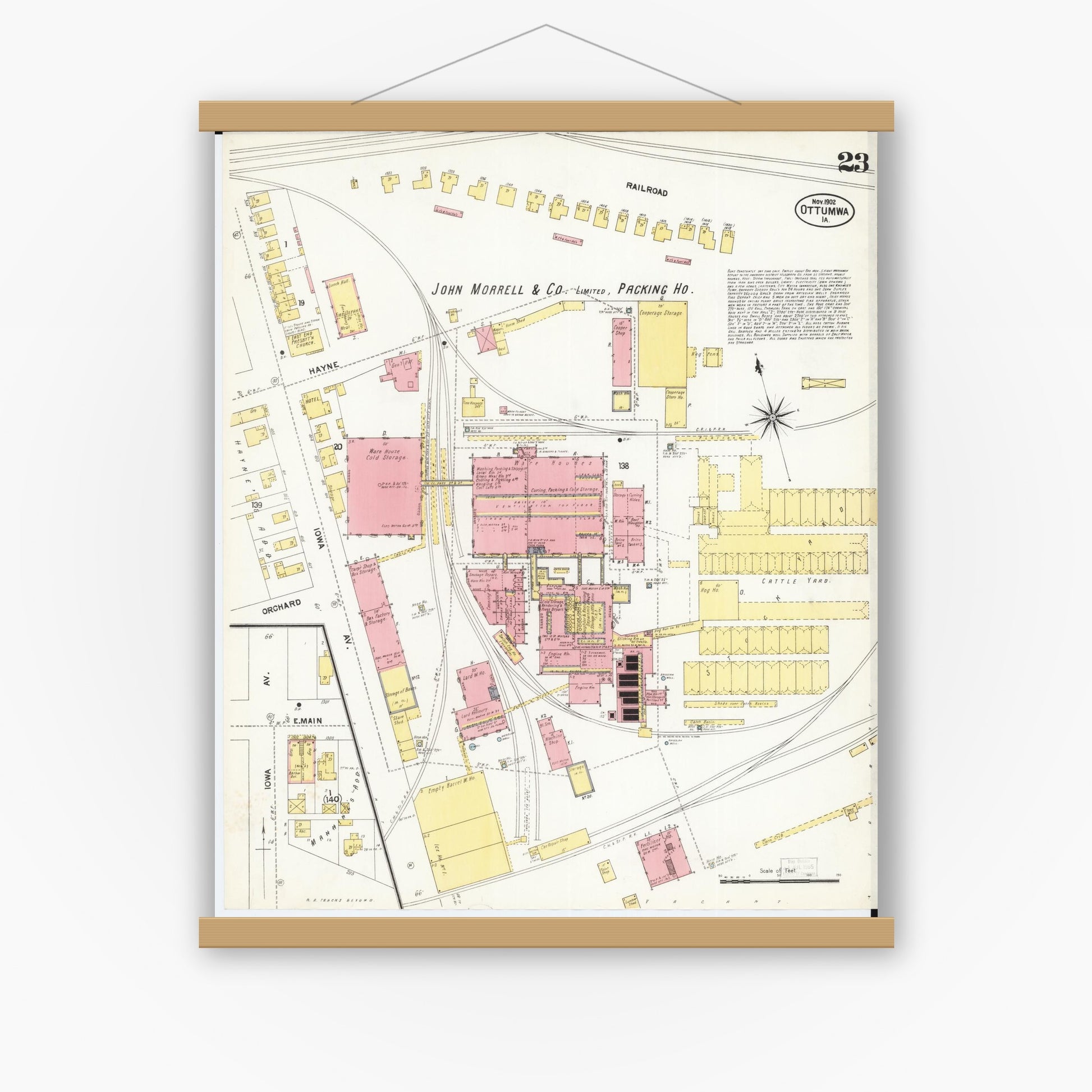 Old map wall art mockup — magnetic wood frame on white wall — Sanborn Fire Insurance Map from Ottumwa, Wapello County, Iowa (1902), Sheet #0023